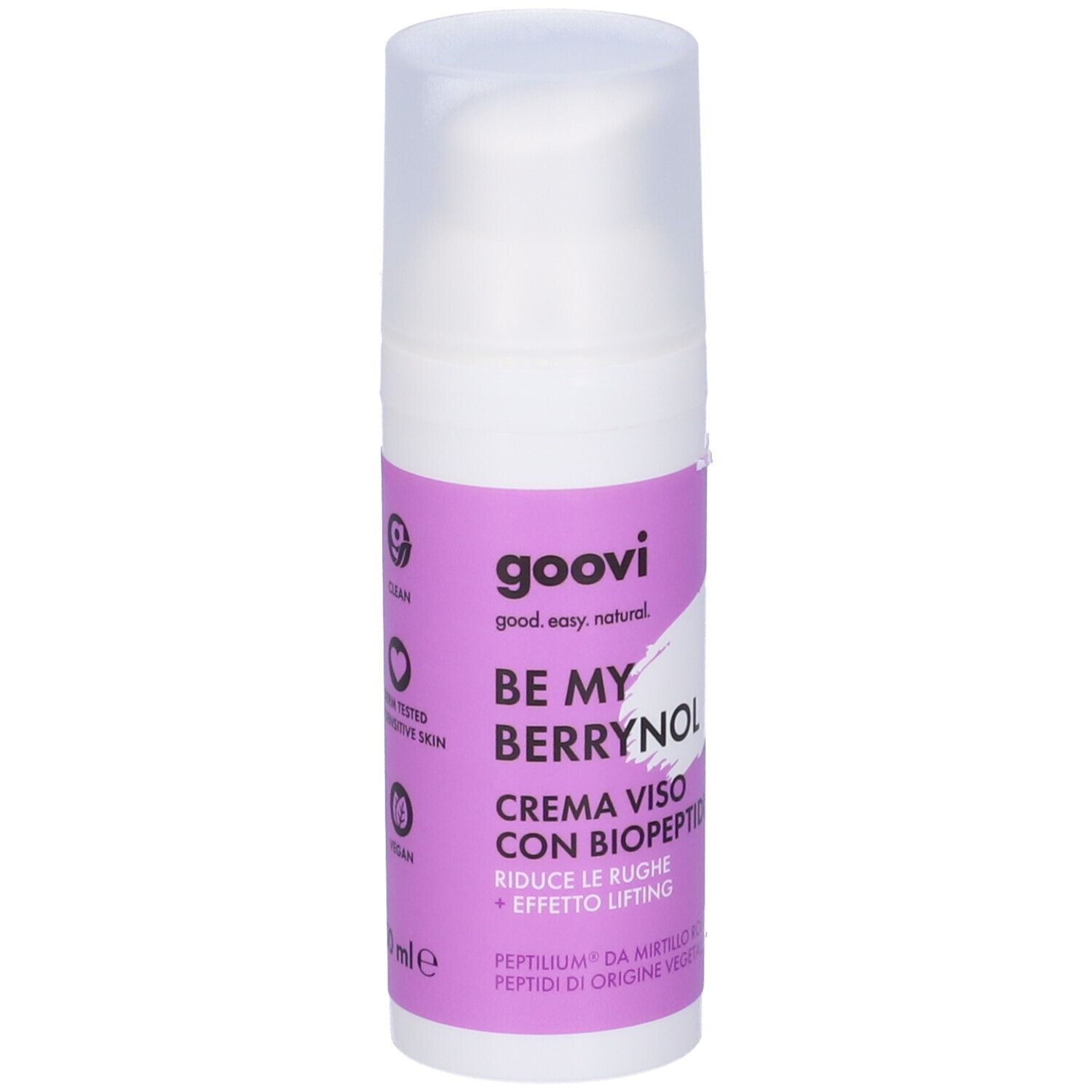 Flacone bianco con etichetta viola. Testo: Goovi, Be My Berrynol, Crema Viso con Biopeptidi. Vegan, testato derm.
