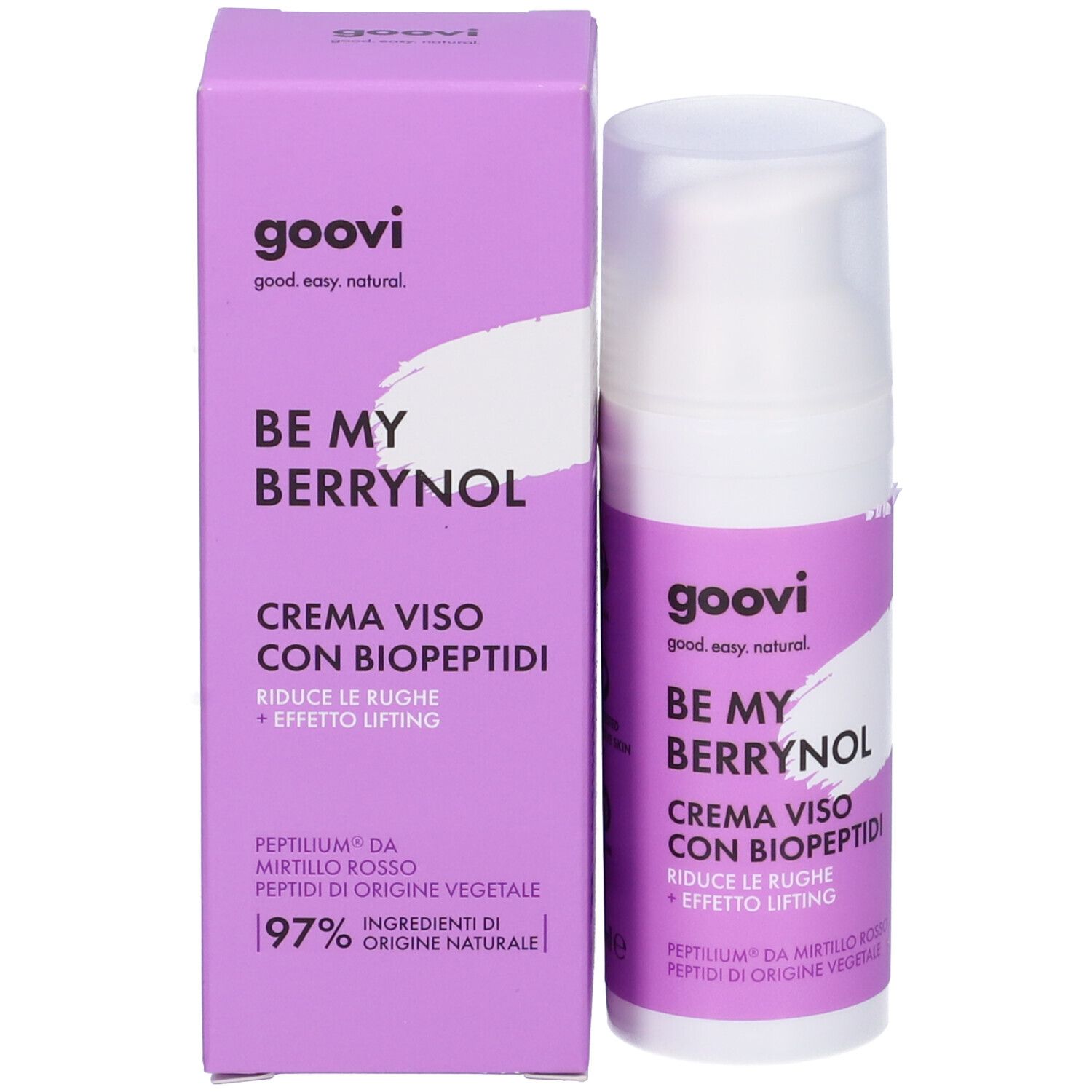 Confezione del prodotto. Scatola viola con flacone. Testo: Goovi, Be My Berrynol, Crema Viso con Biopeptidi.
