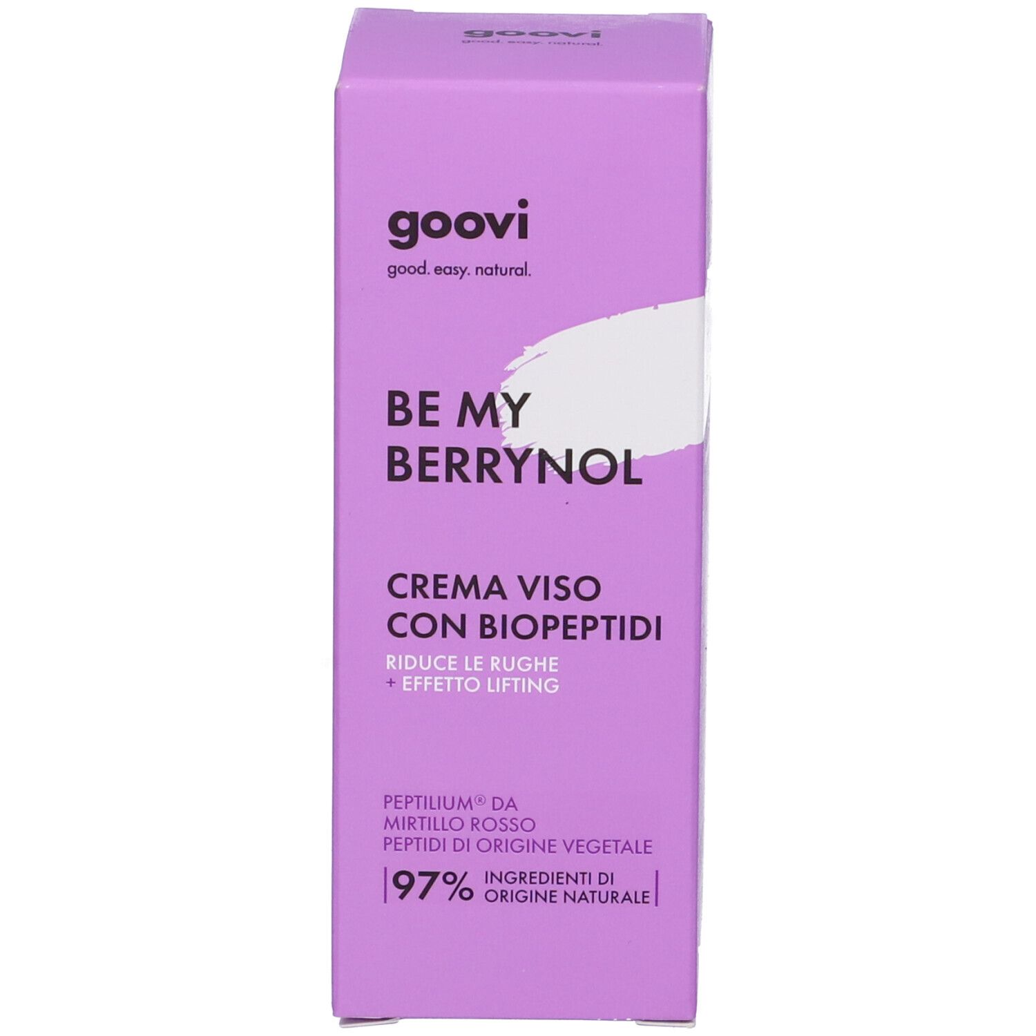 Confezione del prodotto. Scatola viola. Testo: Goovi, Be My Berrynol, Crema Viso con Biopeptidi. 97% ingredienti naturali.