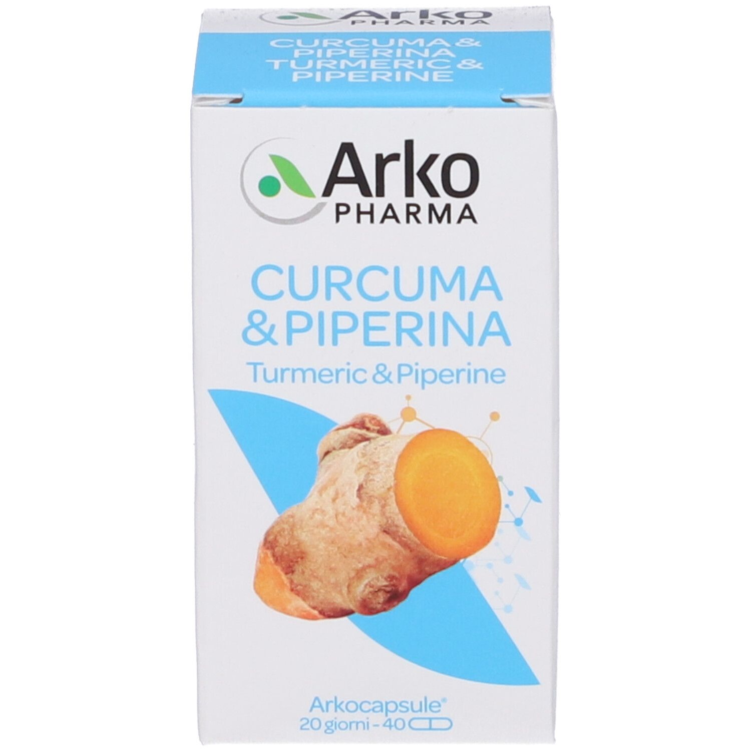 Scatola bianca con nome del prodotto, logo e illustrazione di curcuma e piperina.