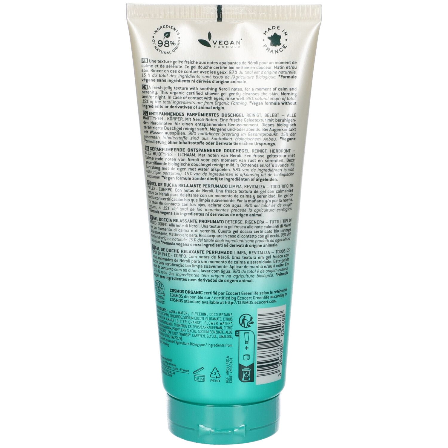 Retro del tubo. Testo multilingue. Sigillo vegano. Certificazione bio.