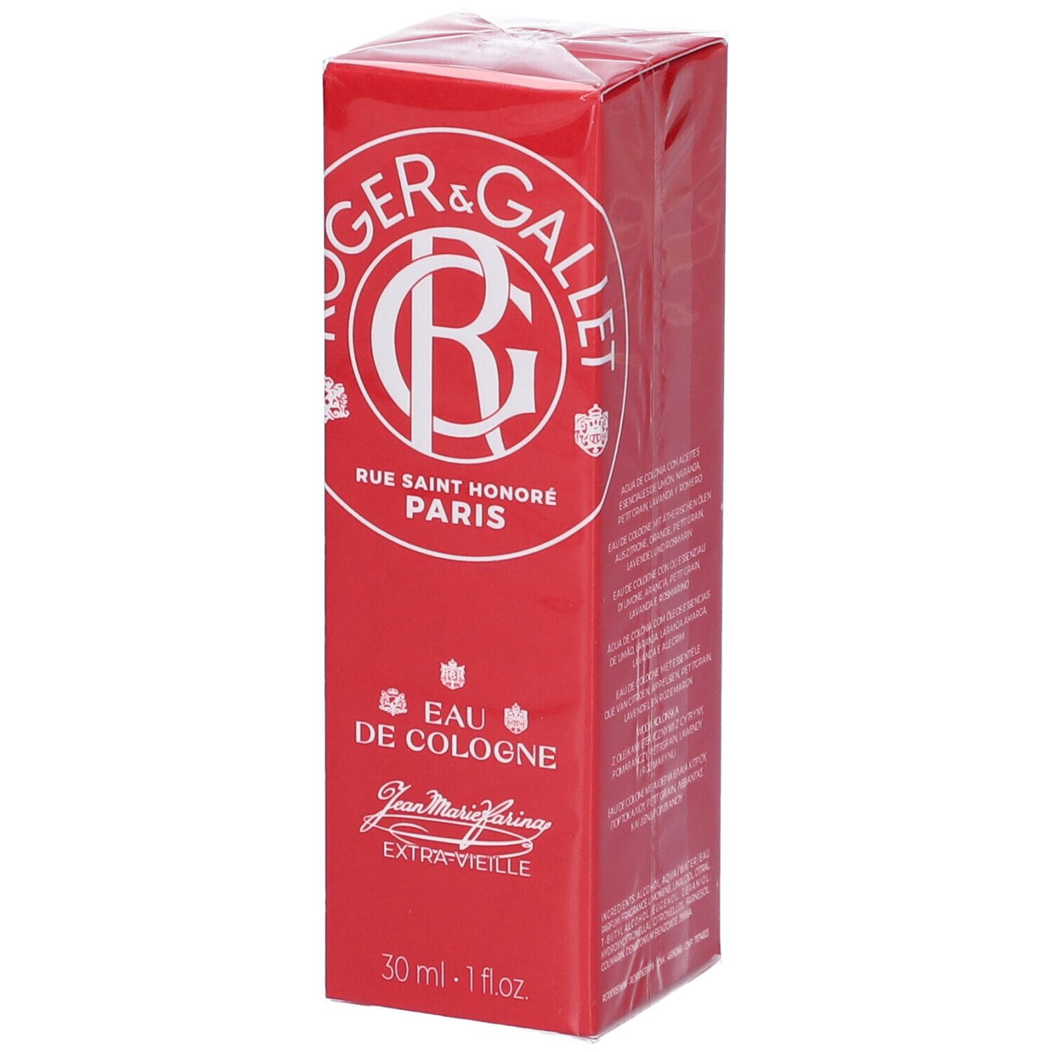 Scatola rossa con logo e testo bianchi. Visibili "Eau de Cologne" e "30 ml - 1 fl.oz.".