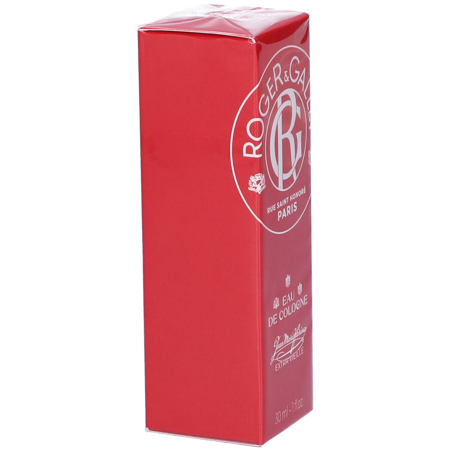 Scatola rossa, vista laterale. Logo e testo bianchi. "30 ml - 1 fl.oz." in basso.
