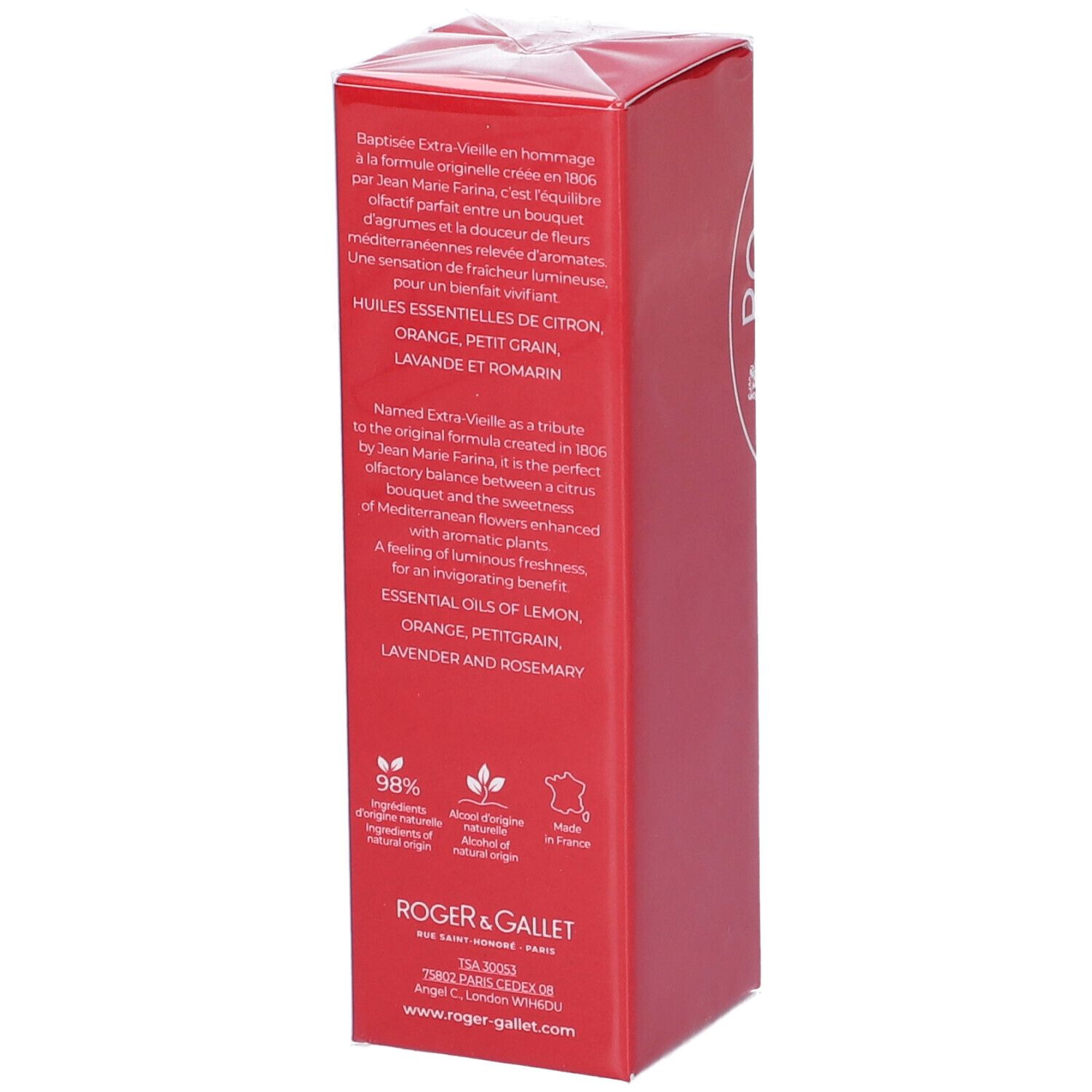 Scatola rossa con testo bianco. Ingredienti e informazioni in francese e inglese.