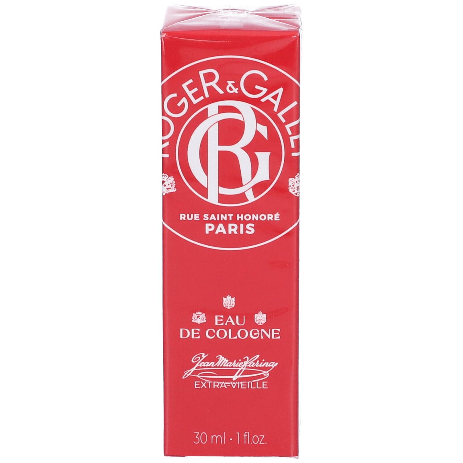 Scatola rossa con logo e testo bianchi. Visibili "Eau de Cologne" e "30 ml - 1 fl.oz.".