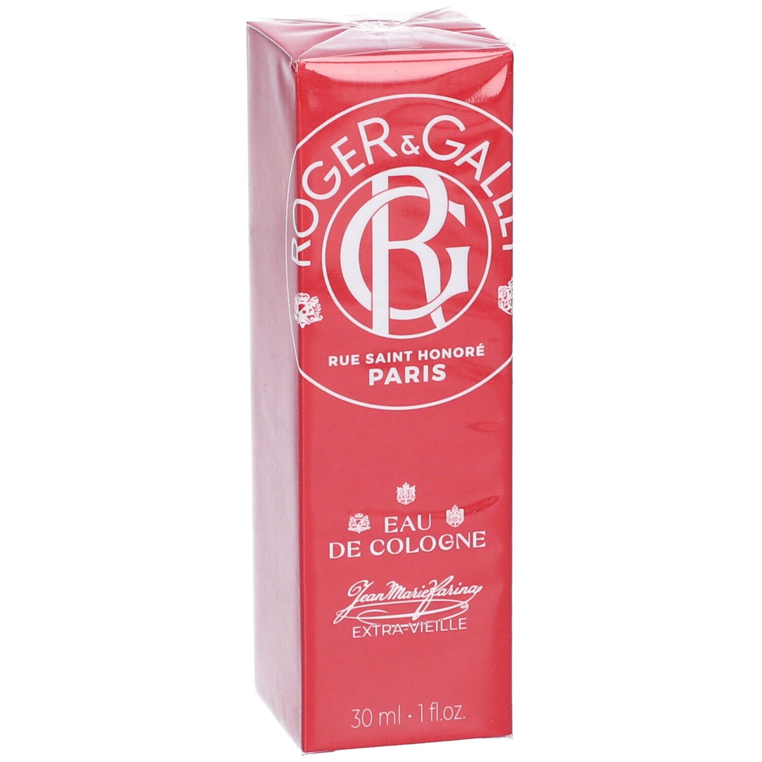 Scatola rossa con logo e testo bianchi. Visibili "Eau de Cologne" e "30 ml - 1 fl.oz.".