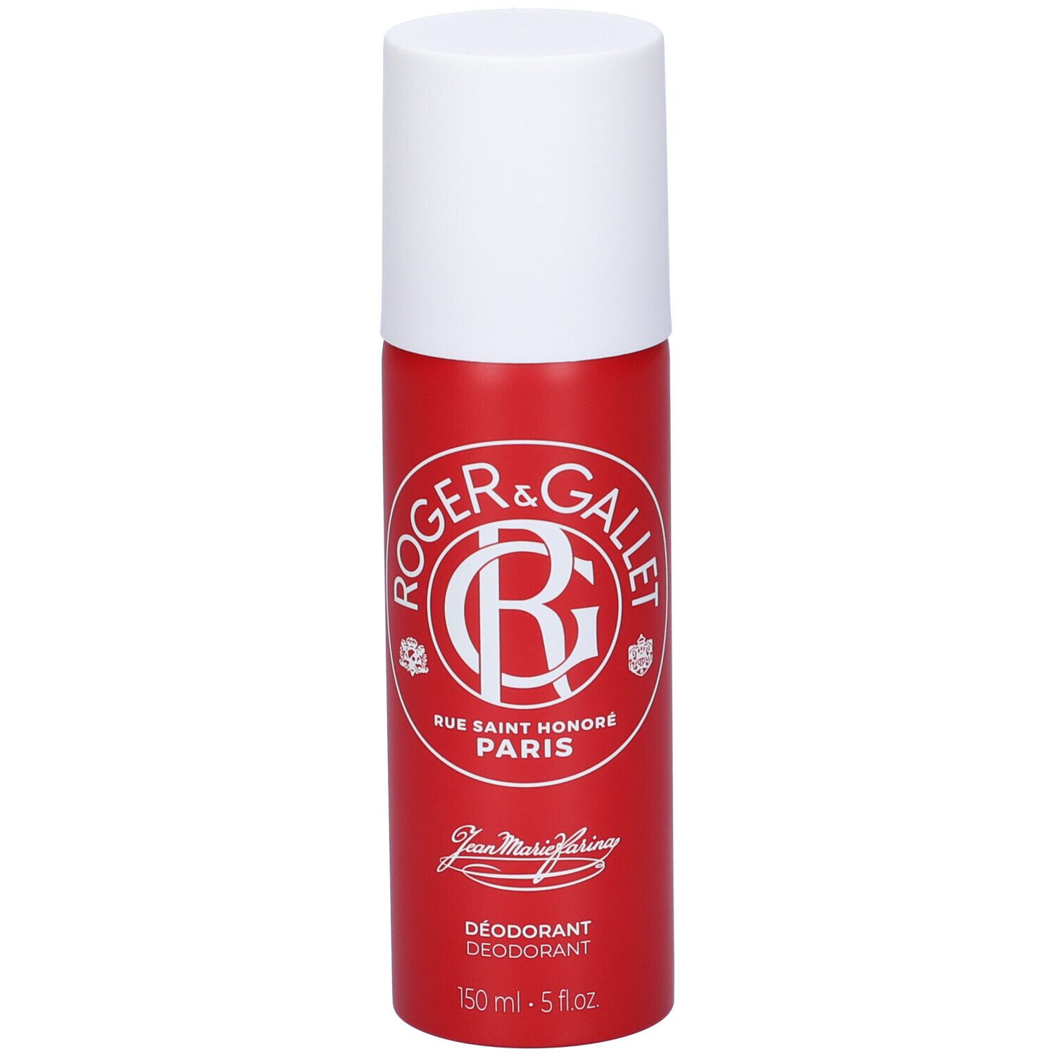 Flacone deodorante rosso con tappo bianco. Logo Roger & Gallet, Rue Saint Honoré Paris. Testo: Jean Marie Farina, Déodorant.
