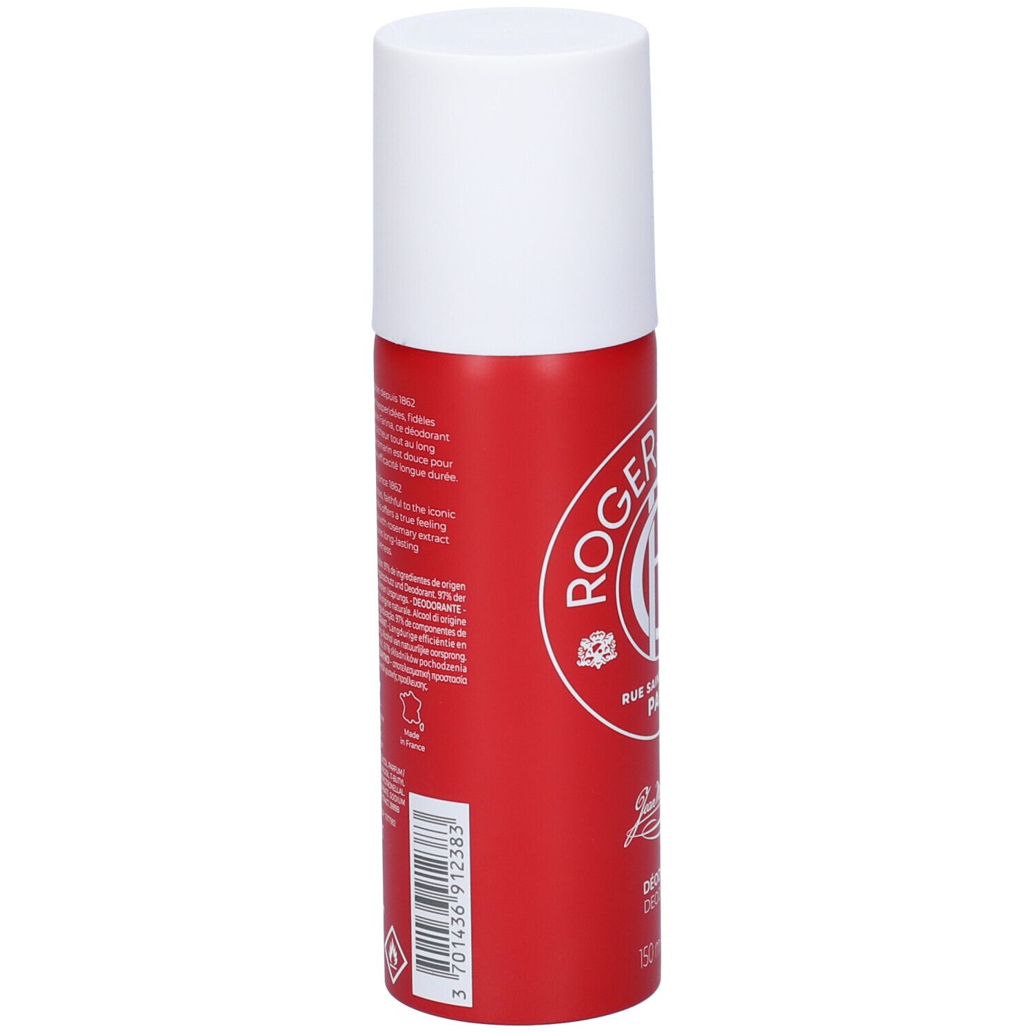 Flacone deodorante rosso con tappo bianco. Retro con testo e loghi. Testo: Roger & Gallet, Déodorant. Codice a barre e avvertenze.