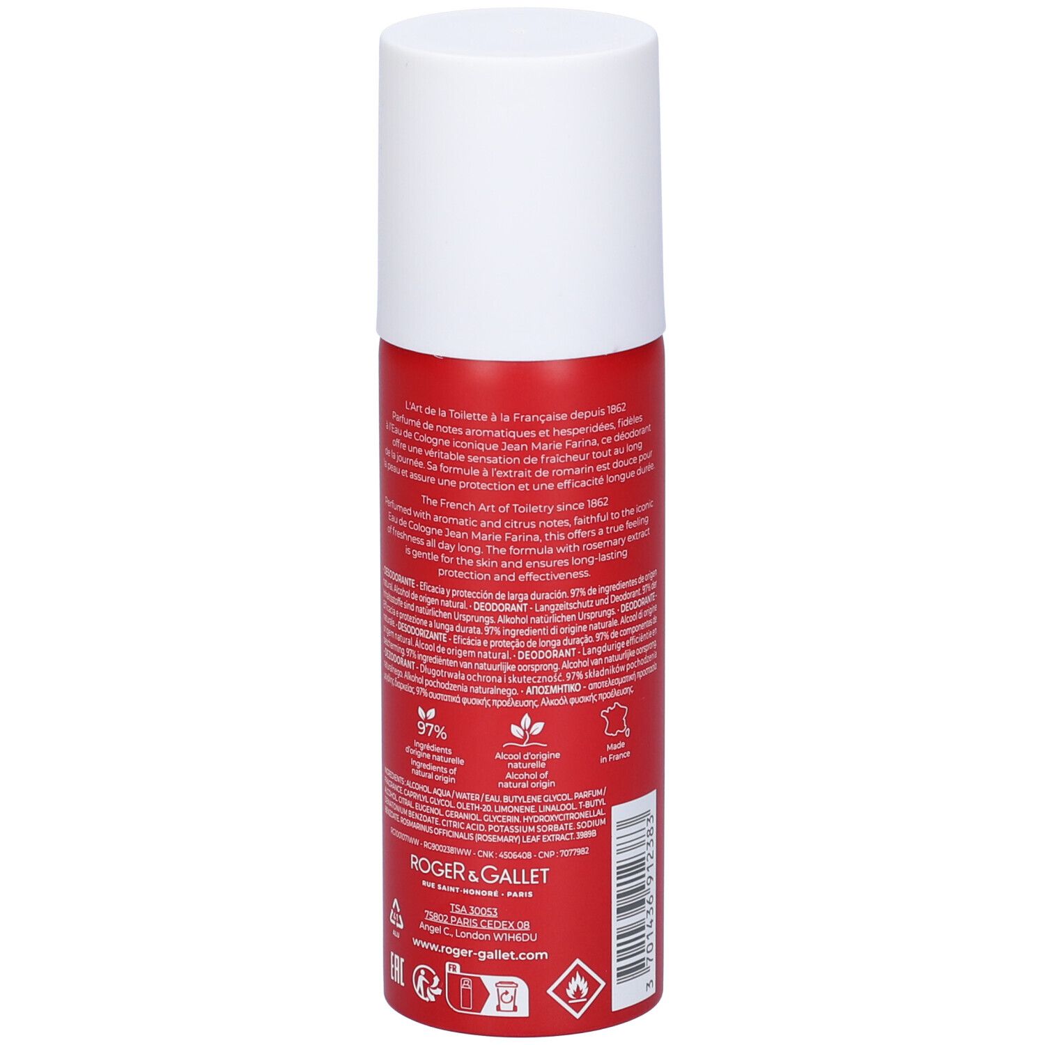 Flacone deodorante rosso con tappo bianco. Retro con testo. Testo: Roger & Gallet, Jean Marie Farina, ingredienti, loghi e certificazioni.