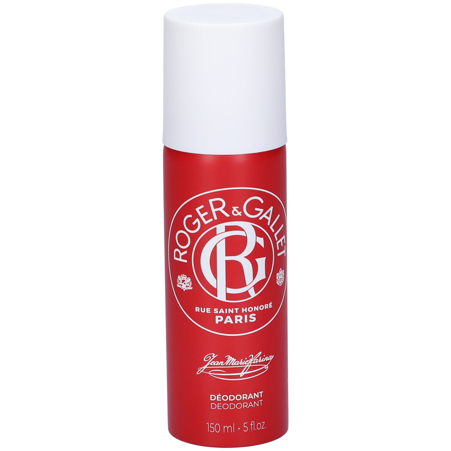 Flacone deodorante rosso con tappo bianco. Logo Roger & Gallet, Rue Saint Honoré Paris. Testo: Jean Marie Farina, Déodorant. 150 ml.