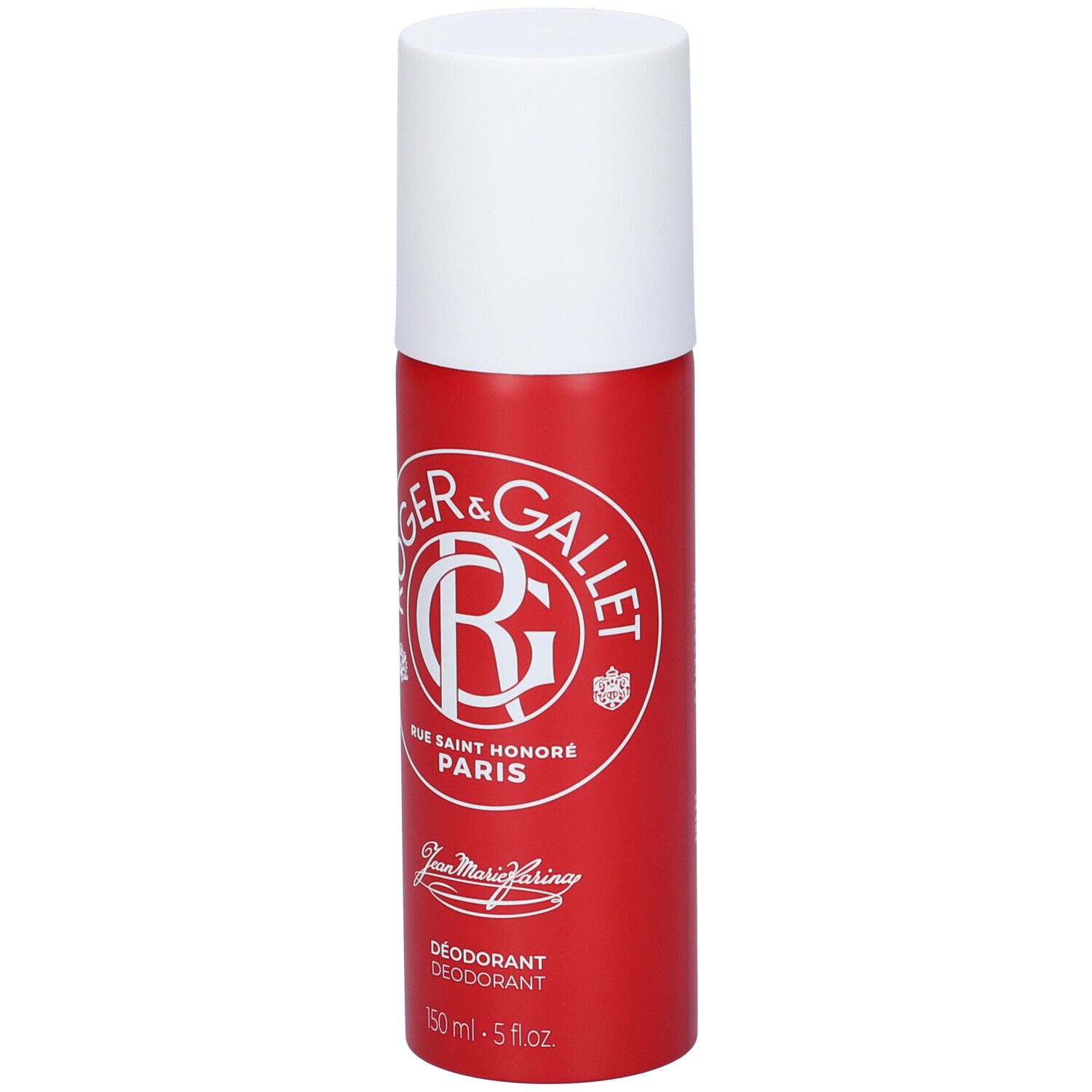 Flacone deodorante rosso con tappo bianco. Logo Roger & Gallet, Rue Saint Honoré Paris. Testo: Jean Marie Farina, Déodorant. 150 ml.