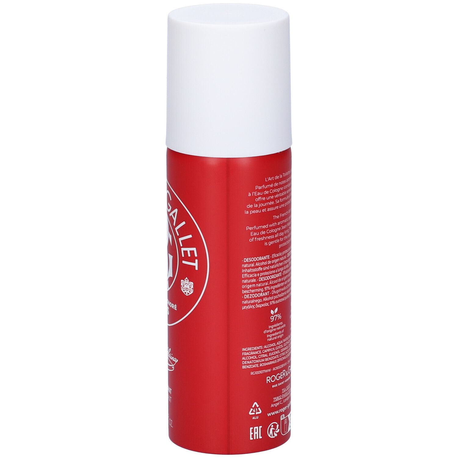 Flacone deodorante rosso con tappo bianco. Retro con testo. Testo: Roger & Gallet, Jean Marie Farina, ingredienti, loghi e certificazioni.
