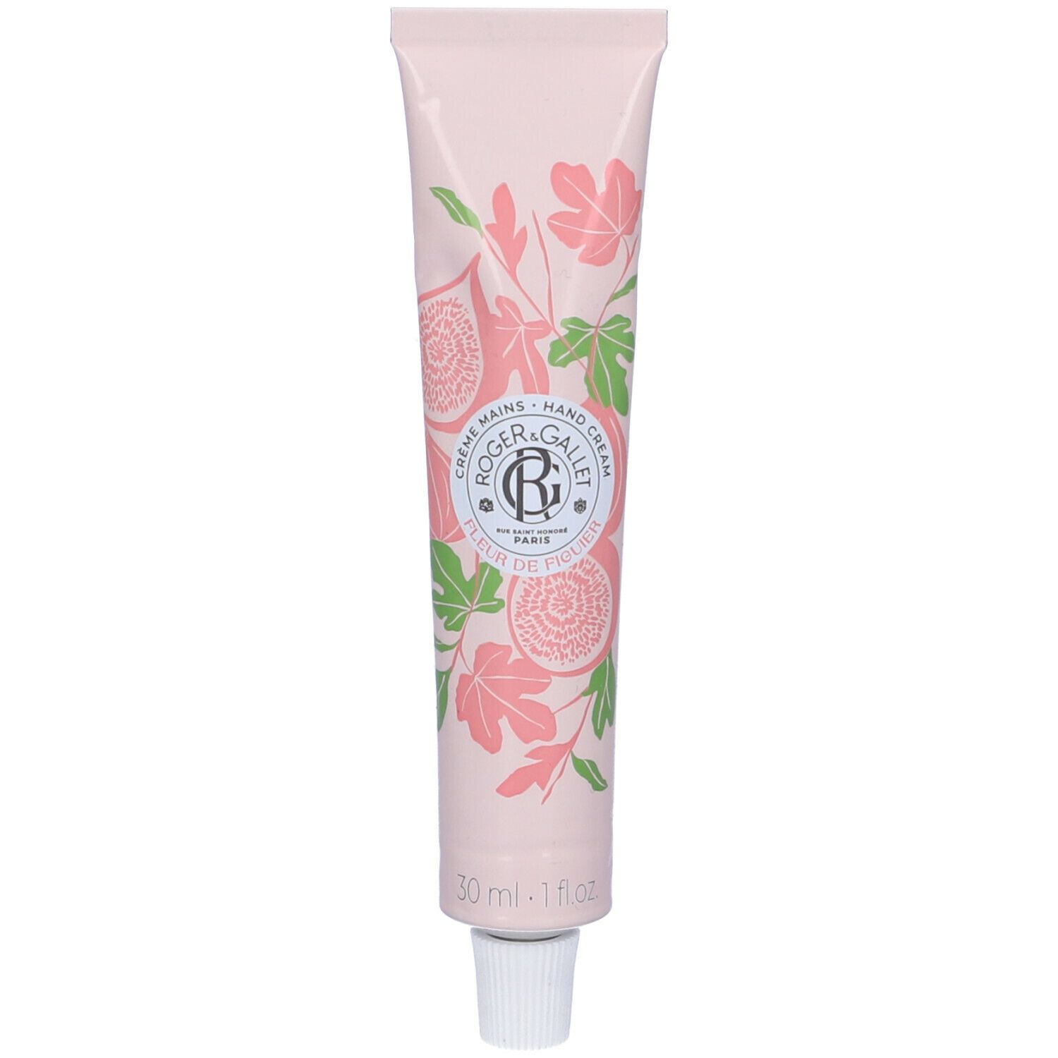 Tubo rosa con motivo floreale e nome del prodotto. Tappo bianco. Testo: Crème Mains Hand Cream.
