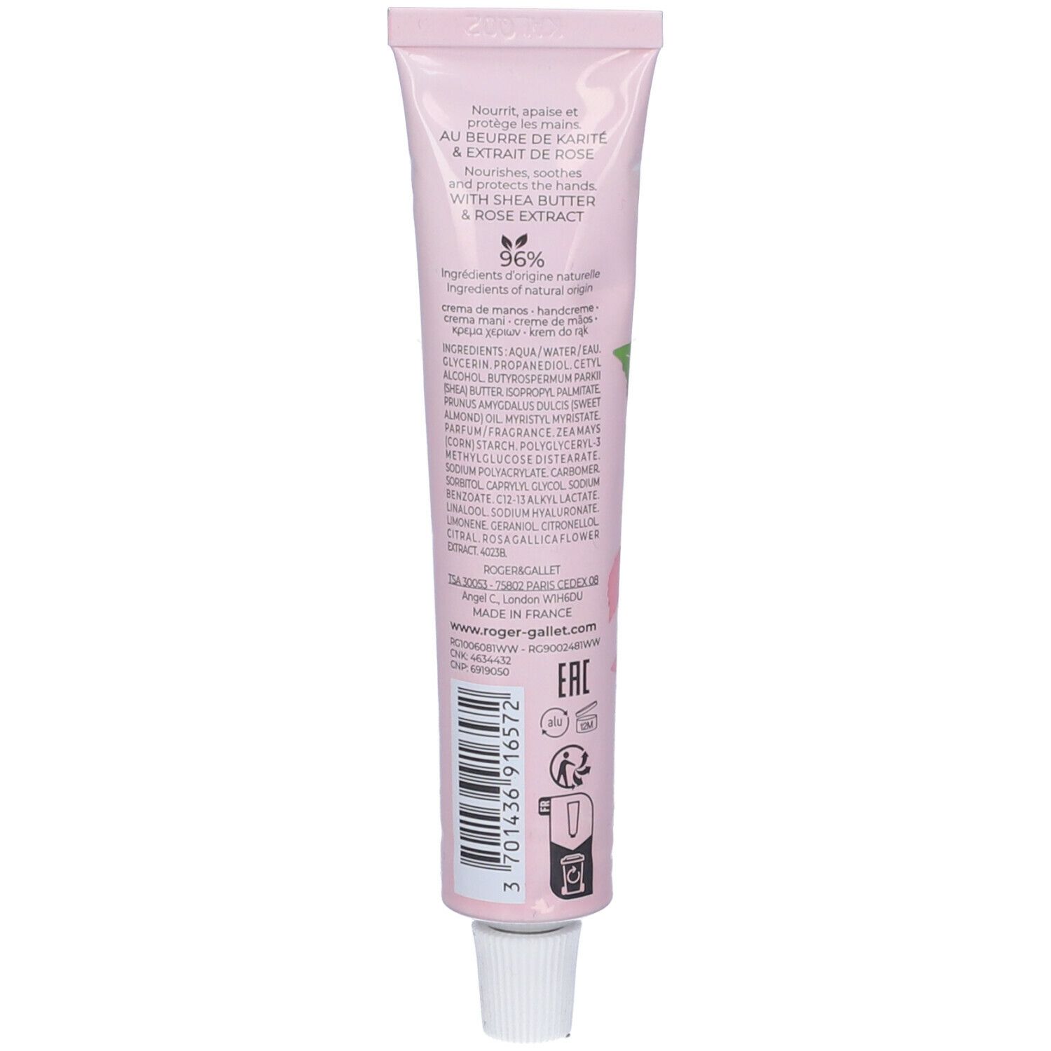 Retro del tubo rosa. Testo: crema mani, burro di karité ed estratto di rosa. Ingredienti. Tappo bianco.