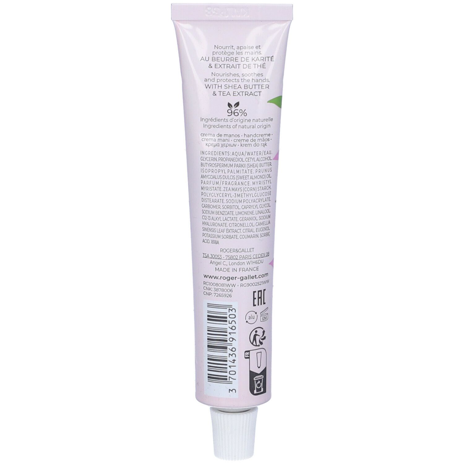 Retro del tubo. Testo: Nourrit, apaise et protège les mains. Con burro di karité ed estratto di tè. 96% ingredienti di origine naturale. Tappo bianco.