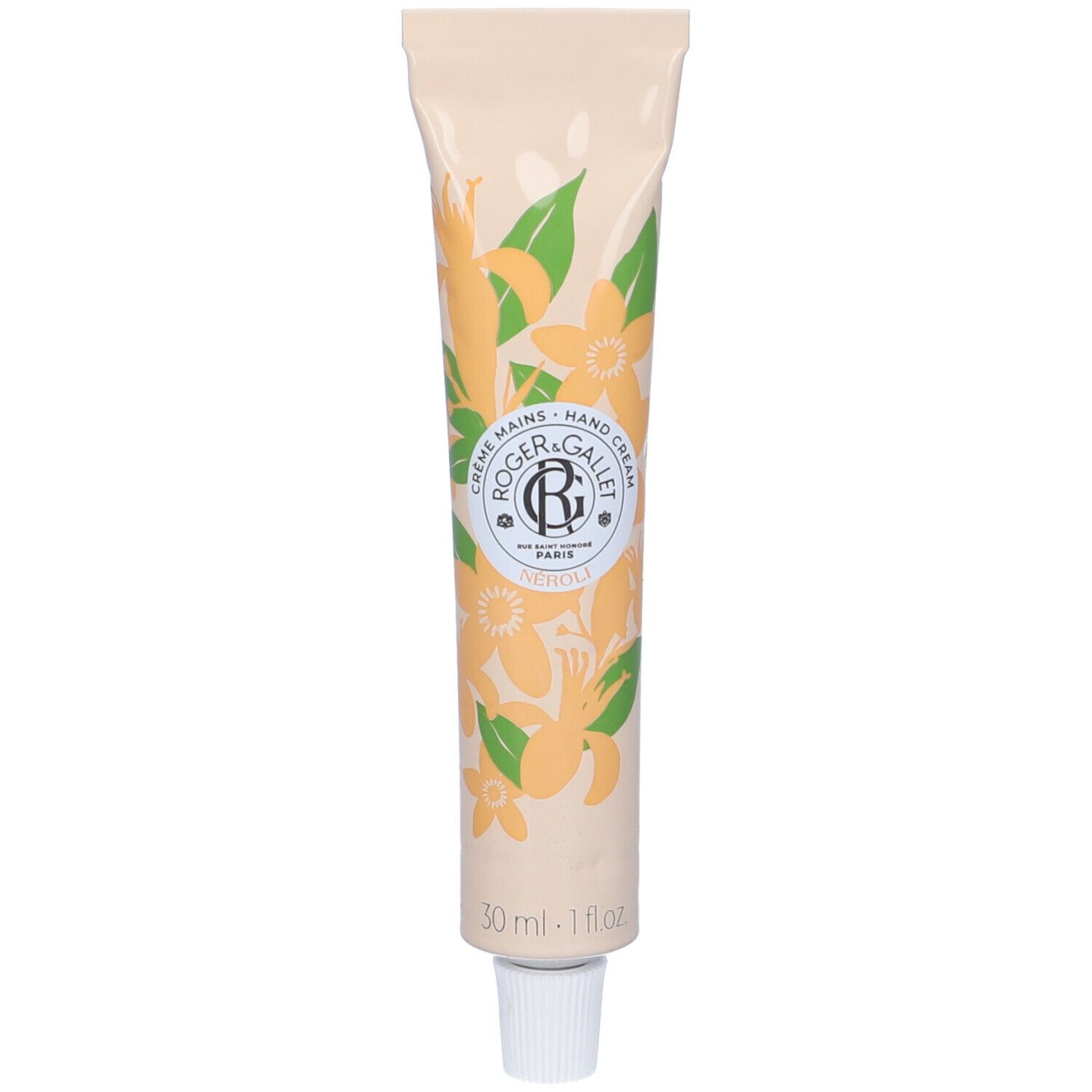 Tubo crema mani con motivo floreale. Scritta Crème Mains, Néroli. Logo e testo Roger&Gallet.