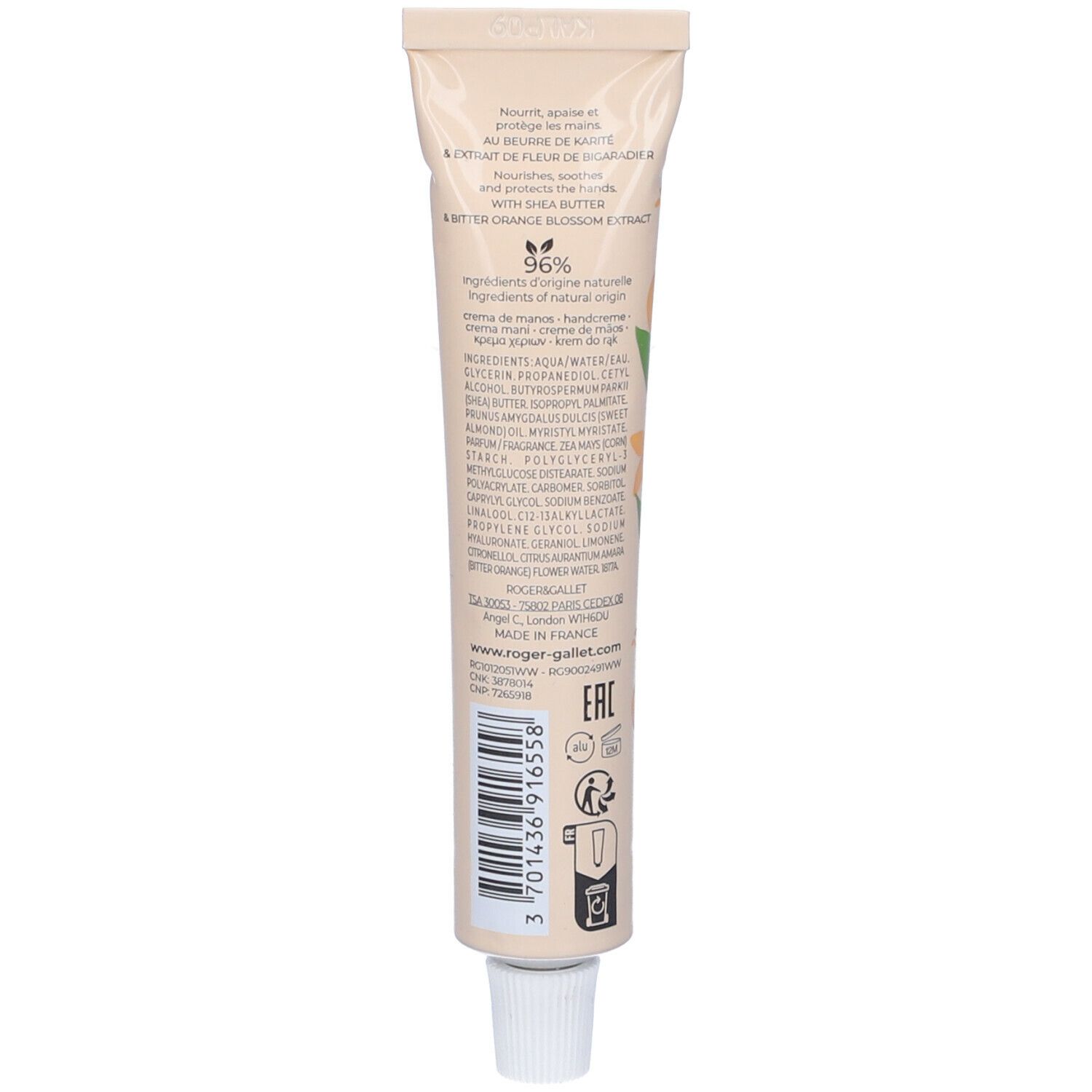 Retro del tubo di crema. Testo con ingredienti e percentuale. Logo e testo Roger&Gallet.
