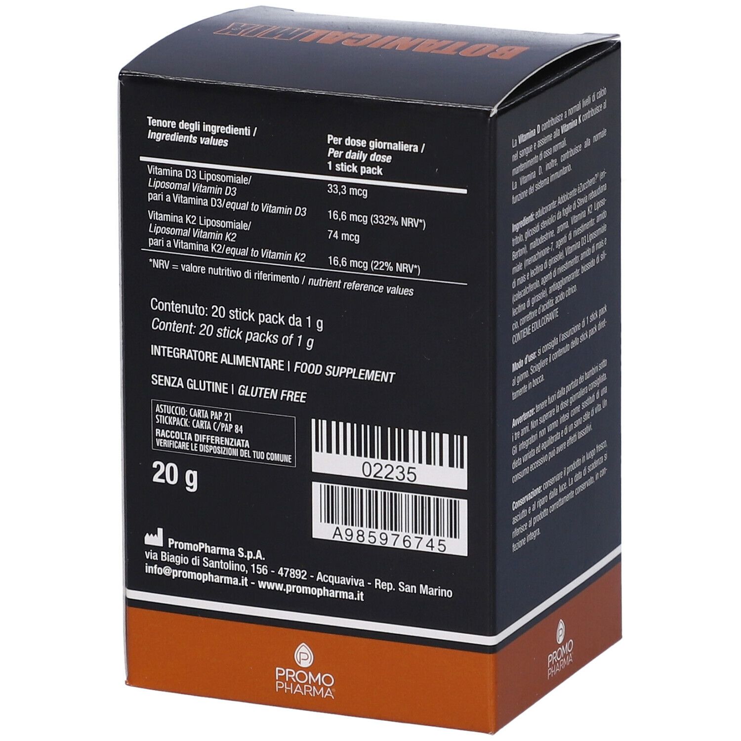 Dos de la boîte noire. Informations nutritionnelles, ingrédients, logo sans gluten. 20 g. Logo PromoPharma.