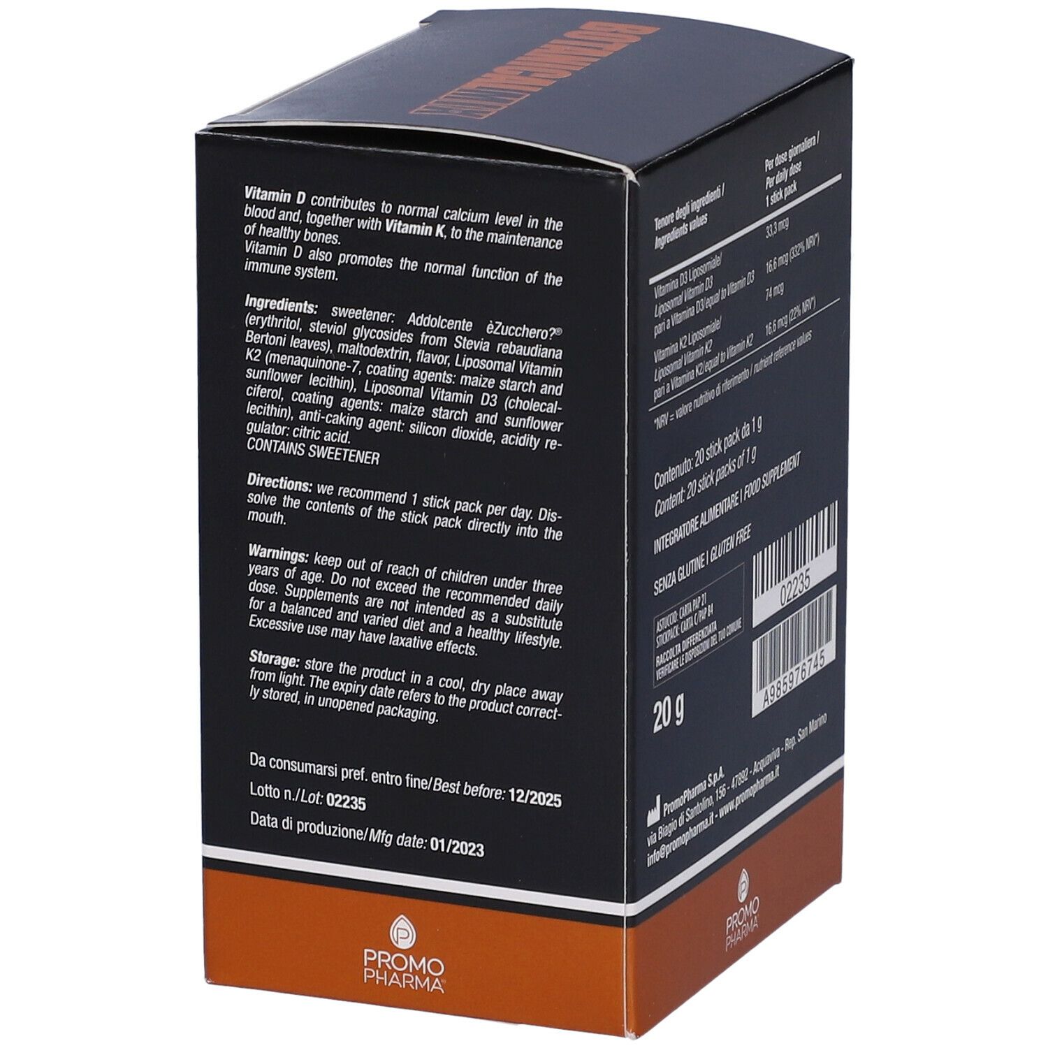 Boîte noire, texte sur ingrédients, utilisation, avertissements et stockage. 20 g. Logo PromoPharma.