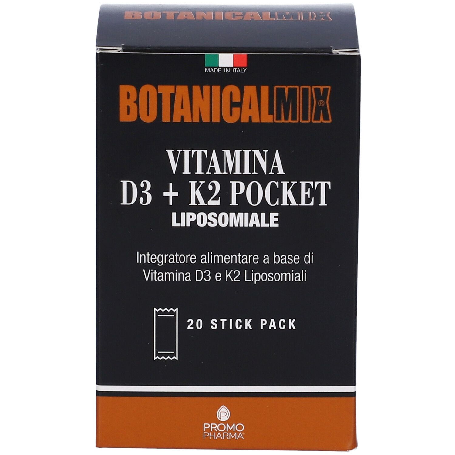 Boîte noire avec texte. BOTANICALMIX, VITAMINA D3 + K2 POCKET LIPOSOMIALE. 20 Stick Pack. Logo PromoPharma.