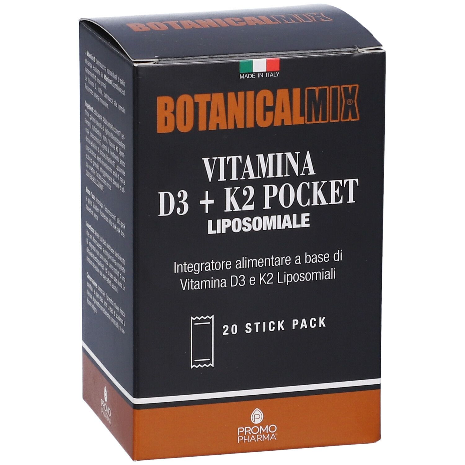 Boîte noire avec texte. BOTANICALMIX, VITAMINA D3 + K2 POCKET LIPOSOMIALE. 20 Stick Pack. Logo PromoPharma.