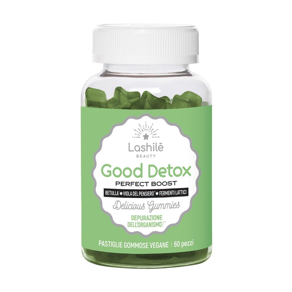 Flacone trasparente con caramelle gommose verdi. Etichetta "Lashile Beauty Good Detox".