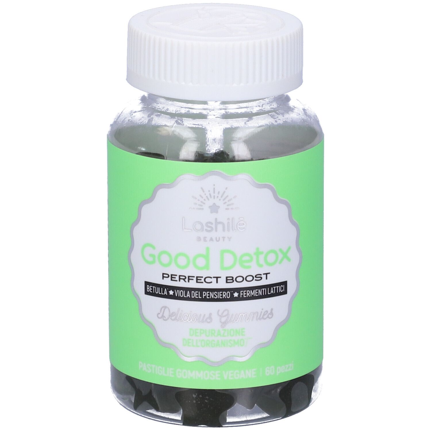 Flacone trasparente con caramelle gommose scure. Etichetta "Lashile Beauty Good Detox".