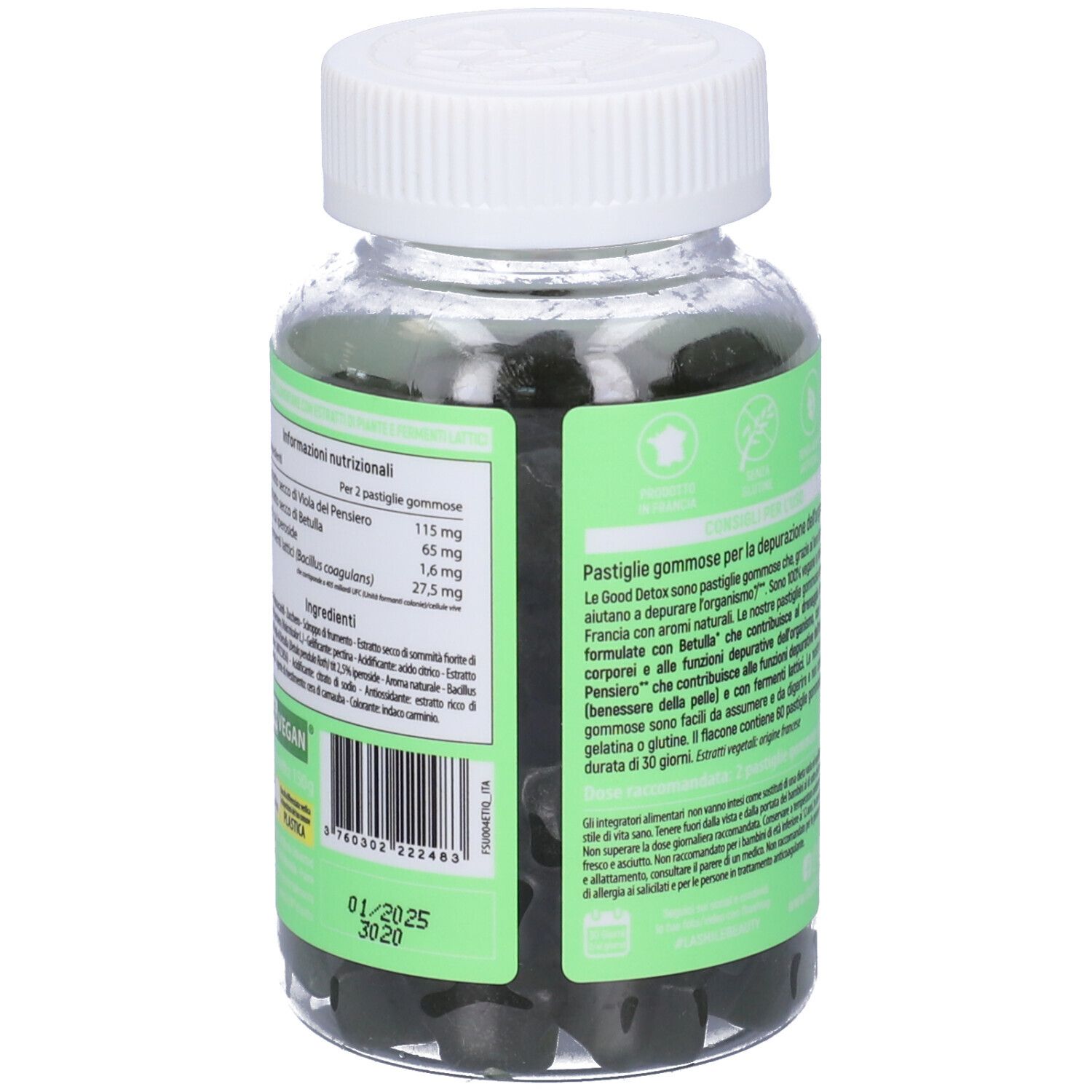 Retro del flacone con testo. Contiene informazioni sugli ingredienti e il valore nutrizionale.