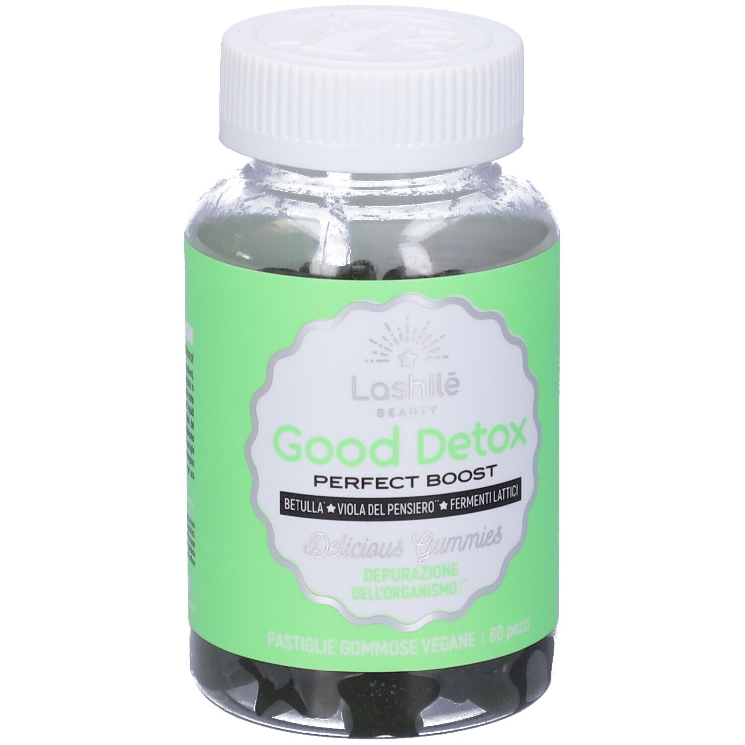 Flacone trasparente con caramelle gommose scure. Etichetta "Lashile Beauty Good Detox".