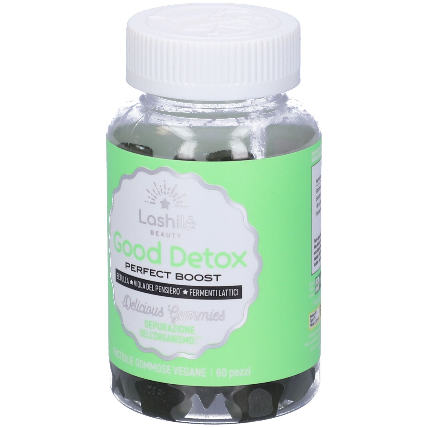 Flacone trasparente con caramelle gommose scure. Etichetta "Lashile Beauty Good Detox".