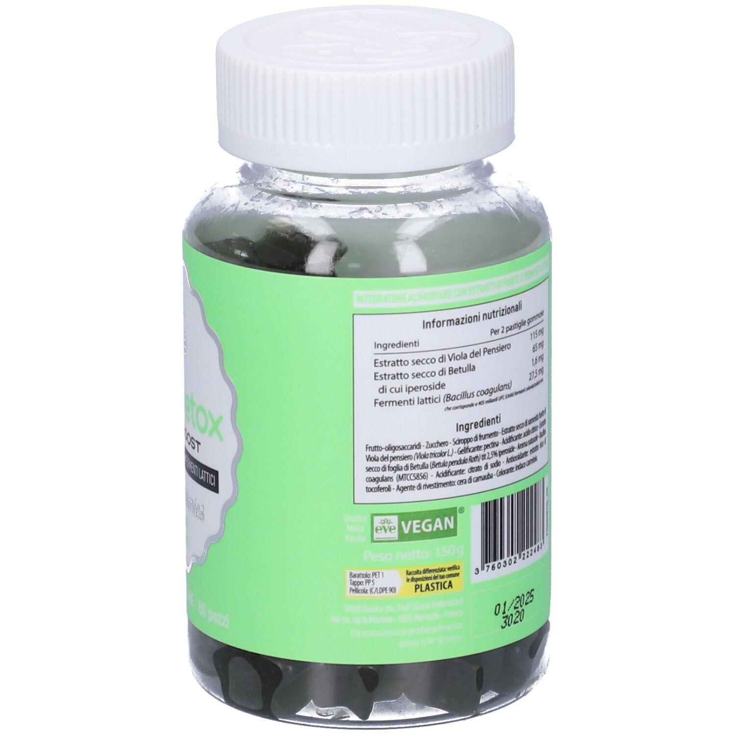 Retro del flacone con testo. Contiene informazioni sugli ingredienti e il valore nutrizionale.