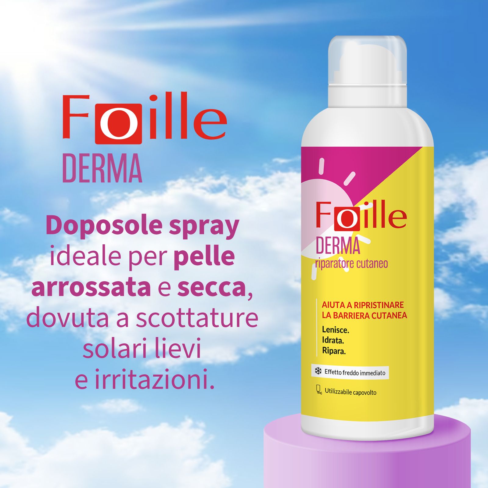Flasche auf lila Podest vor blauem Himmel. Text: Foille Derma. Doposole Spray für gerötete und trockene Haut.