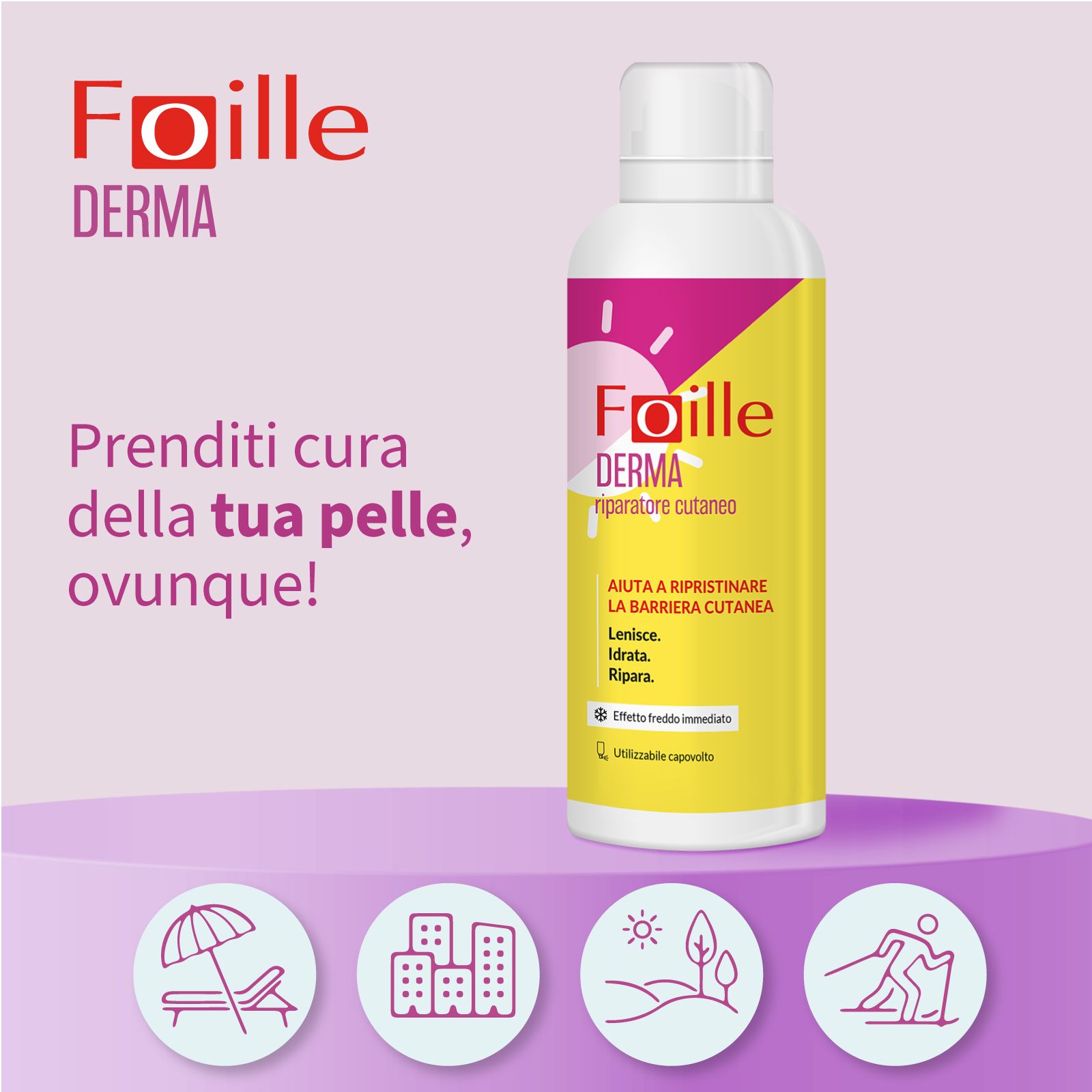 Flasche auf lila Podest mit Icons. Text: Foille Derma, Reparatur für die Haut. Pflege deine Haut, überall!