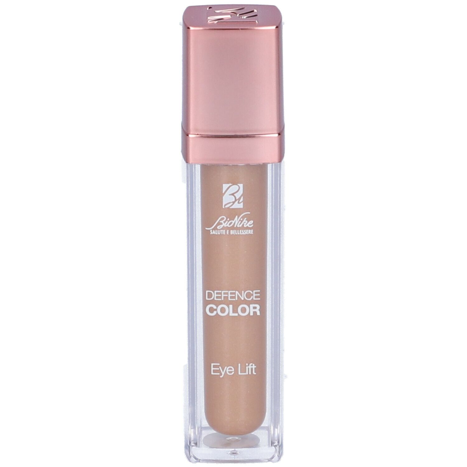 Ombretto liquido in un flacone rettangolare trasparente con tappo rosa. Scritta: Defence Color Eye Lift.
