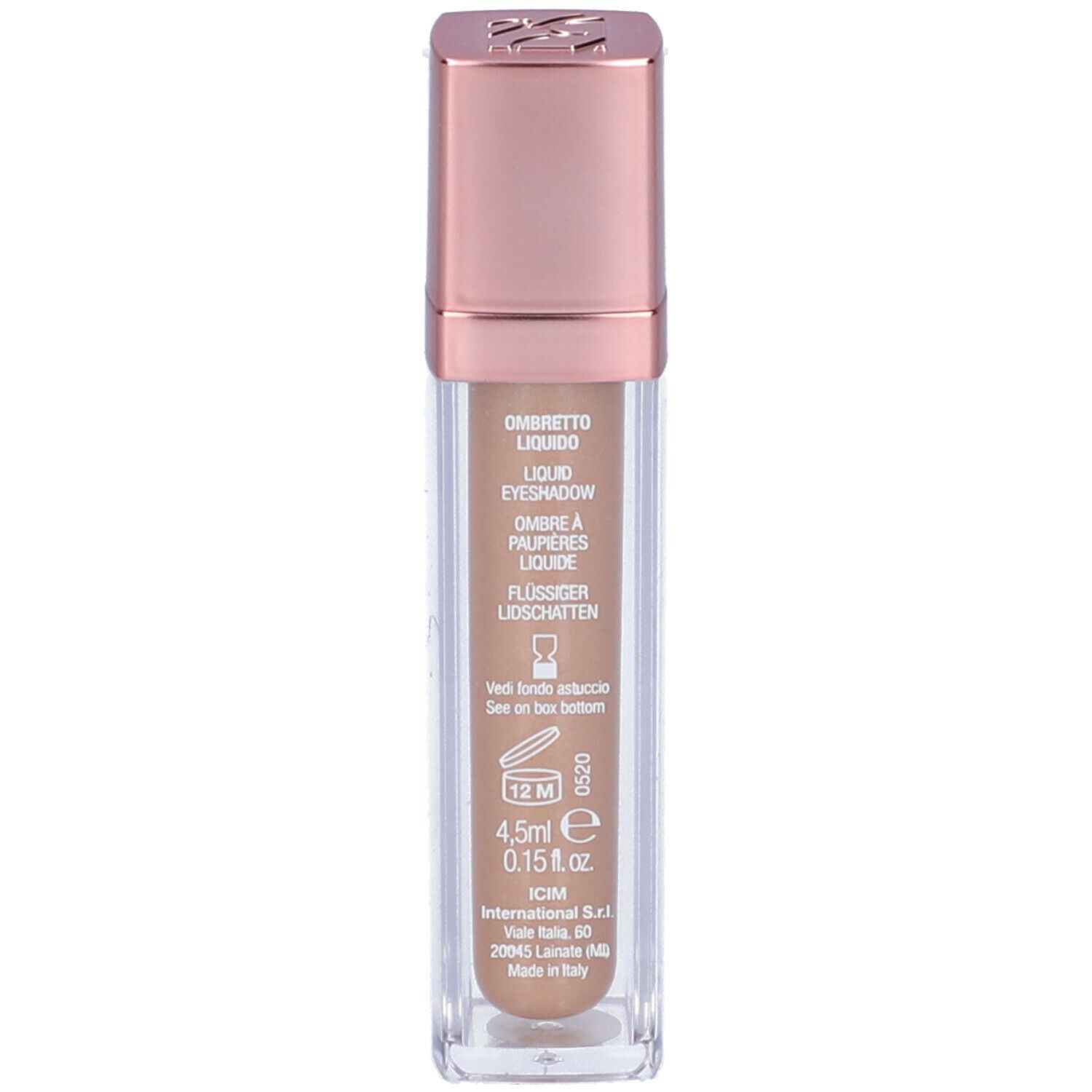 Retro di un flacone di ombretto. Testo: Ombretto Liquido, Liquid Eyeshadow, Ombre à Paupières Liquide, Flüssiger Lidschatten. 4,5 ml.