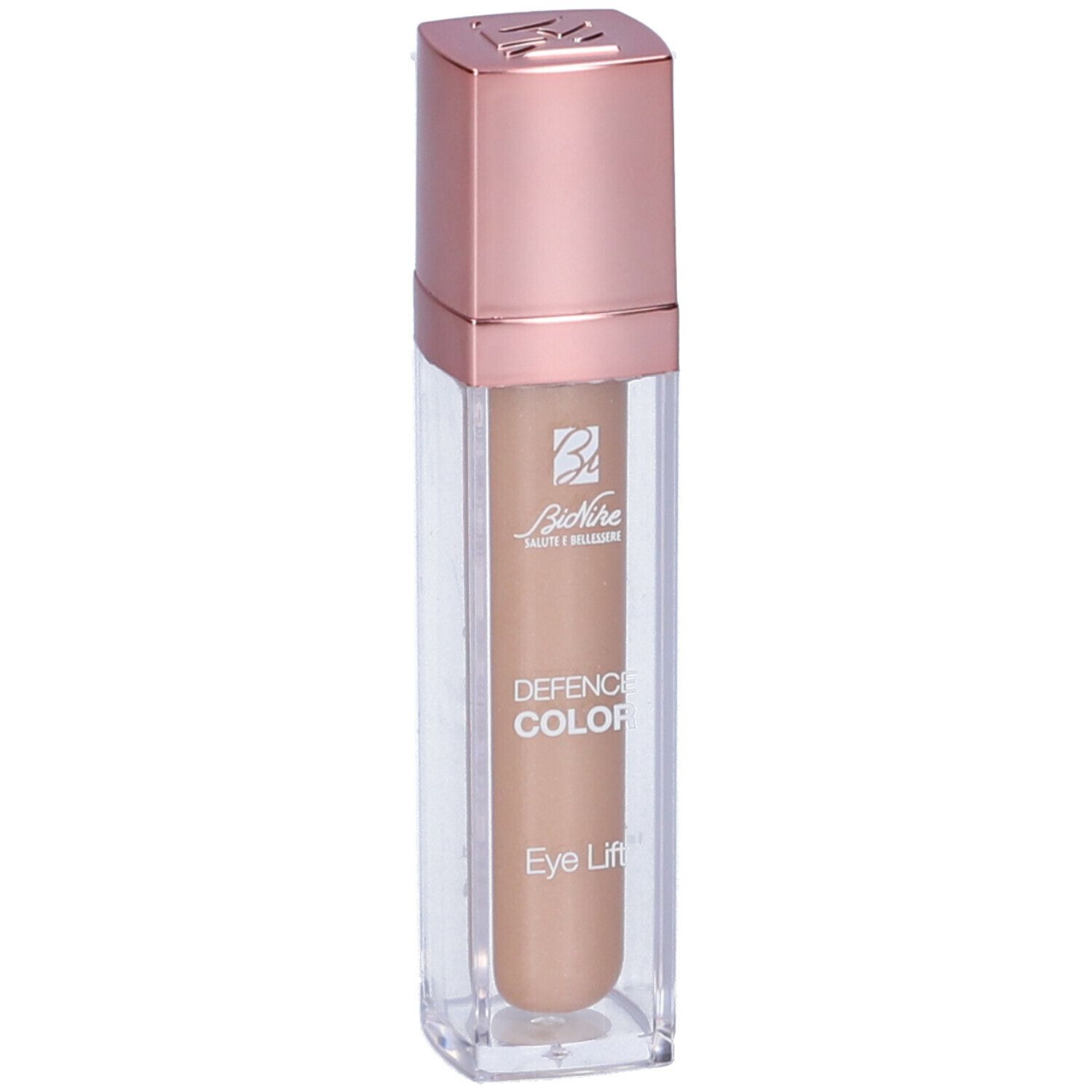 Ombretto liquido in un flacone rettangolare trasparente con tappo rosa. Scritta: Defence Color Eye Lift.
