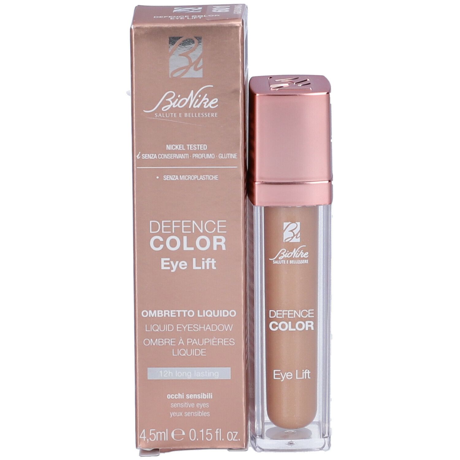 Flacone di ombretto e confezione. Scritta: Defence Color Eye Lift. Confezione: Nickel tested, senza conservanti.