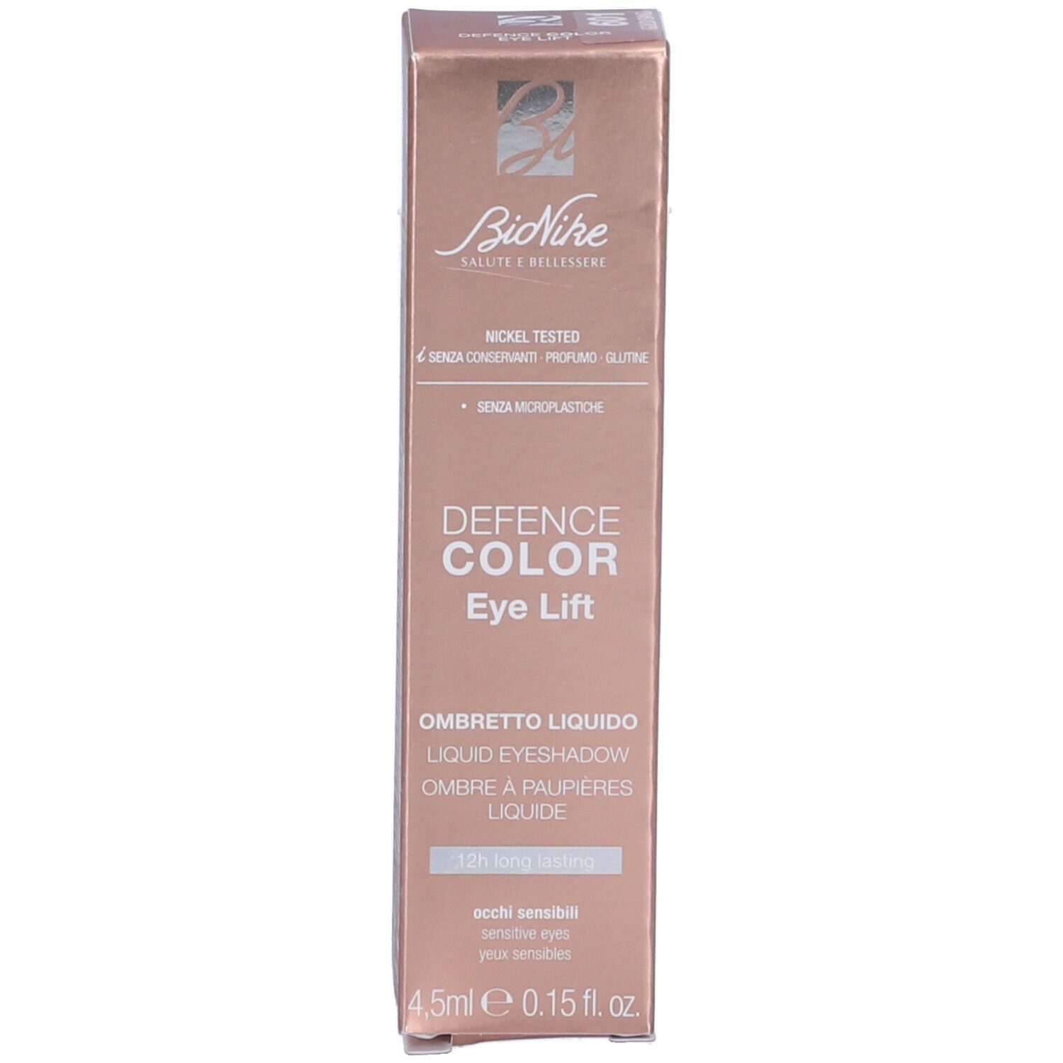 Confezione di ombretto. Scritta: Defence Color Eye Lift. Testo: Nickel tested, senza conservanti, senza microplastiche.