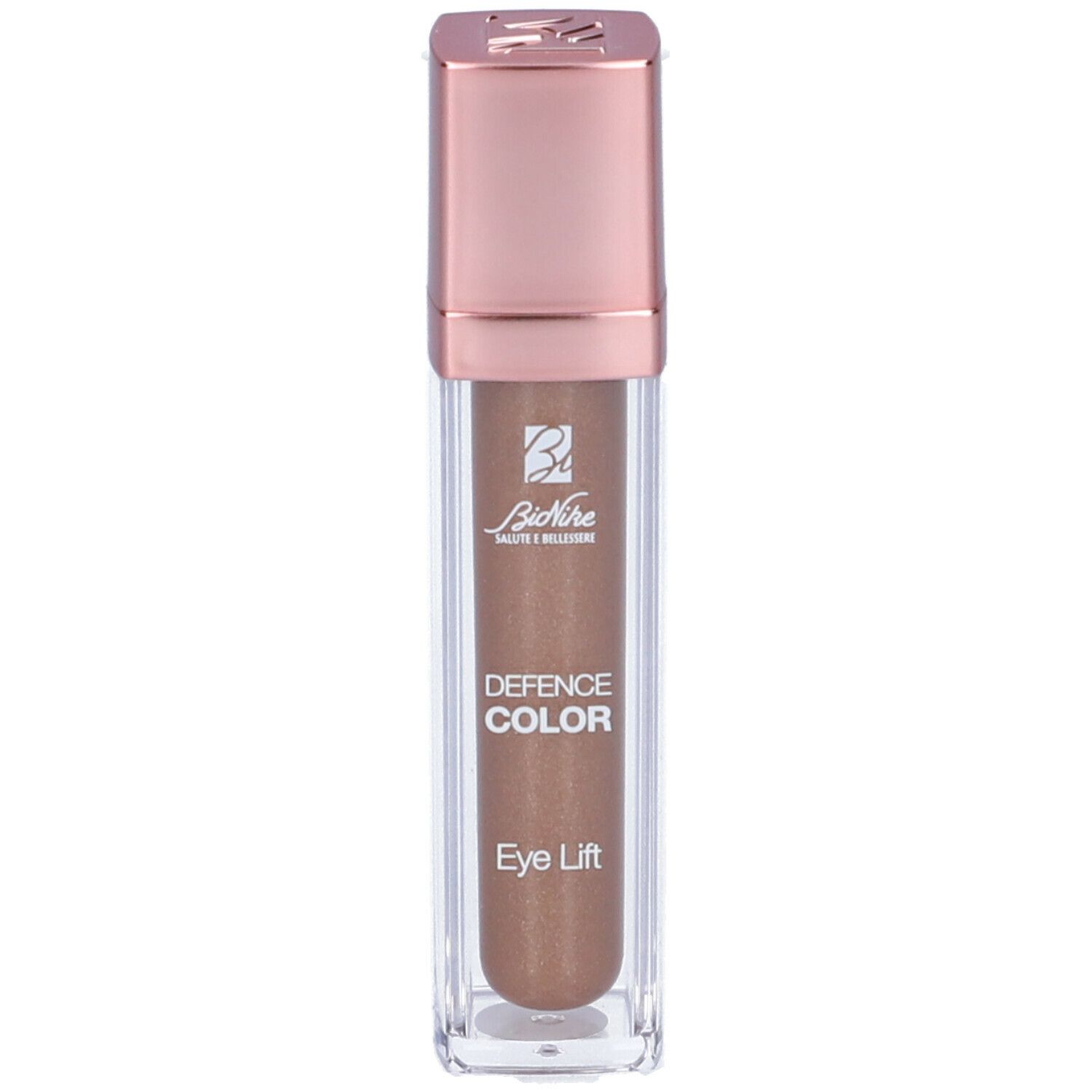 Ombretto liquido in un contenitore trasparente con tappo color oro rosa. Scritta: Defence Color Eye Lift.