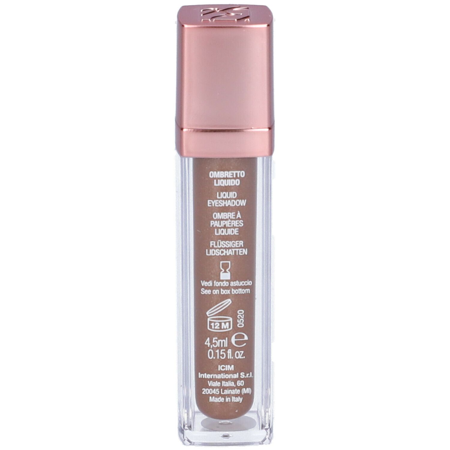 Retro di un ombretto liquido. Testo: Ombretto Liquido, Liquid Eyeshadow, Ombre à Paupières Liquide, Flüssiger Lidschatten.