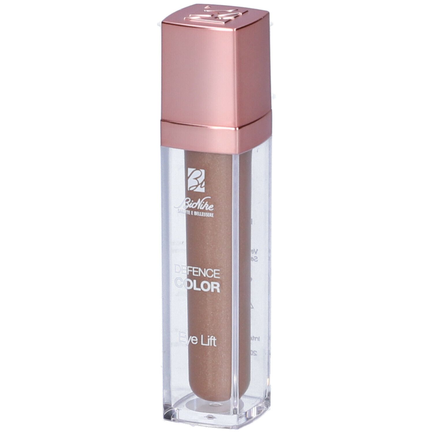 Ombretto liquido in un contenitore trasparente con tappo color oro rosa. Scritta: Defence Color Eye Lift.