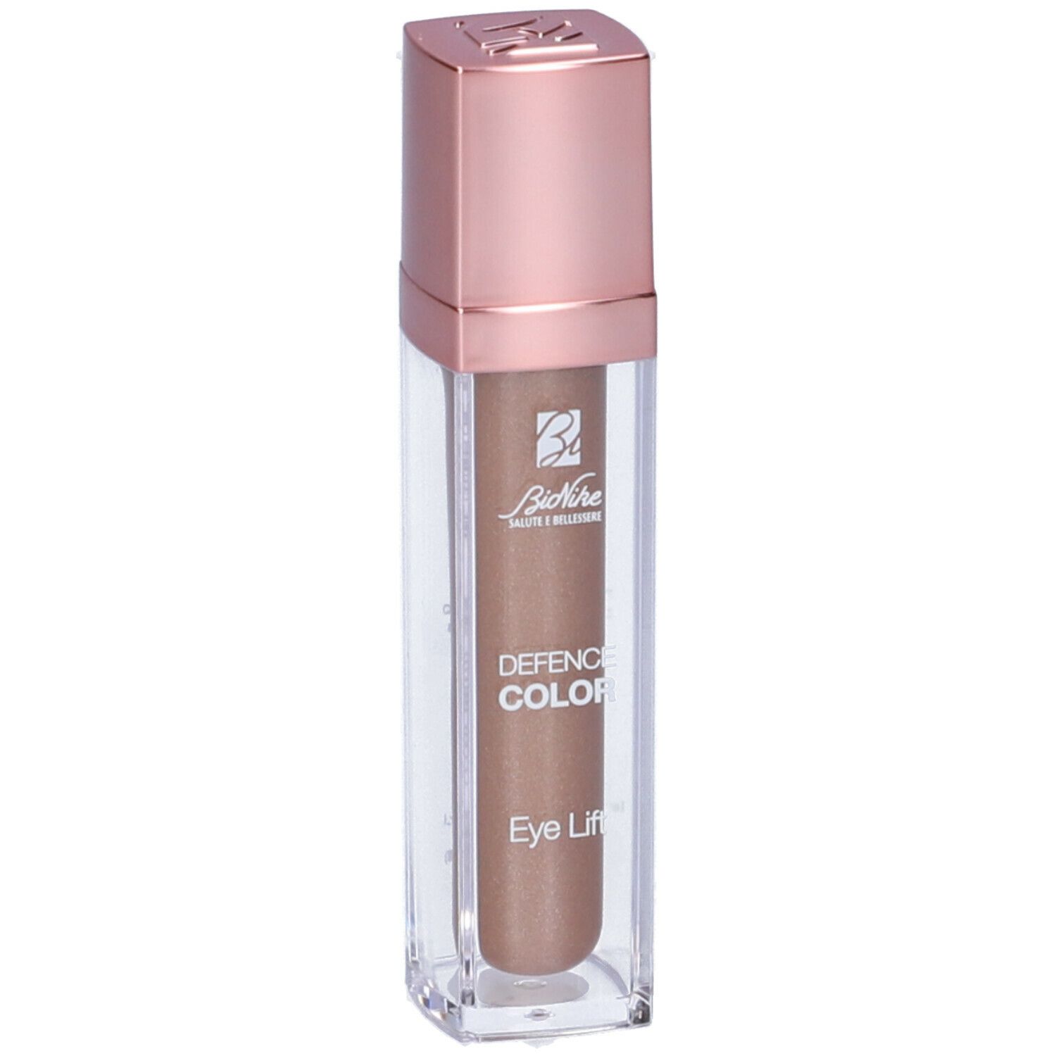 Ombretto liquido in un contenitore trasparente con tappo color oro rosa. Scritta: Defence Color Eye Lift.