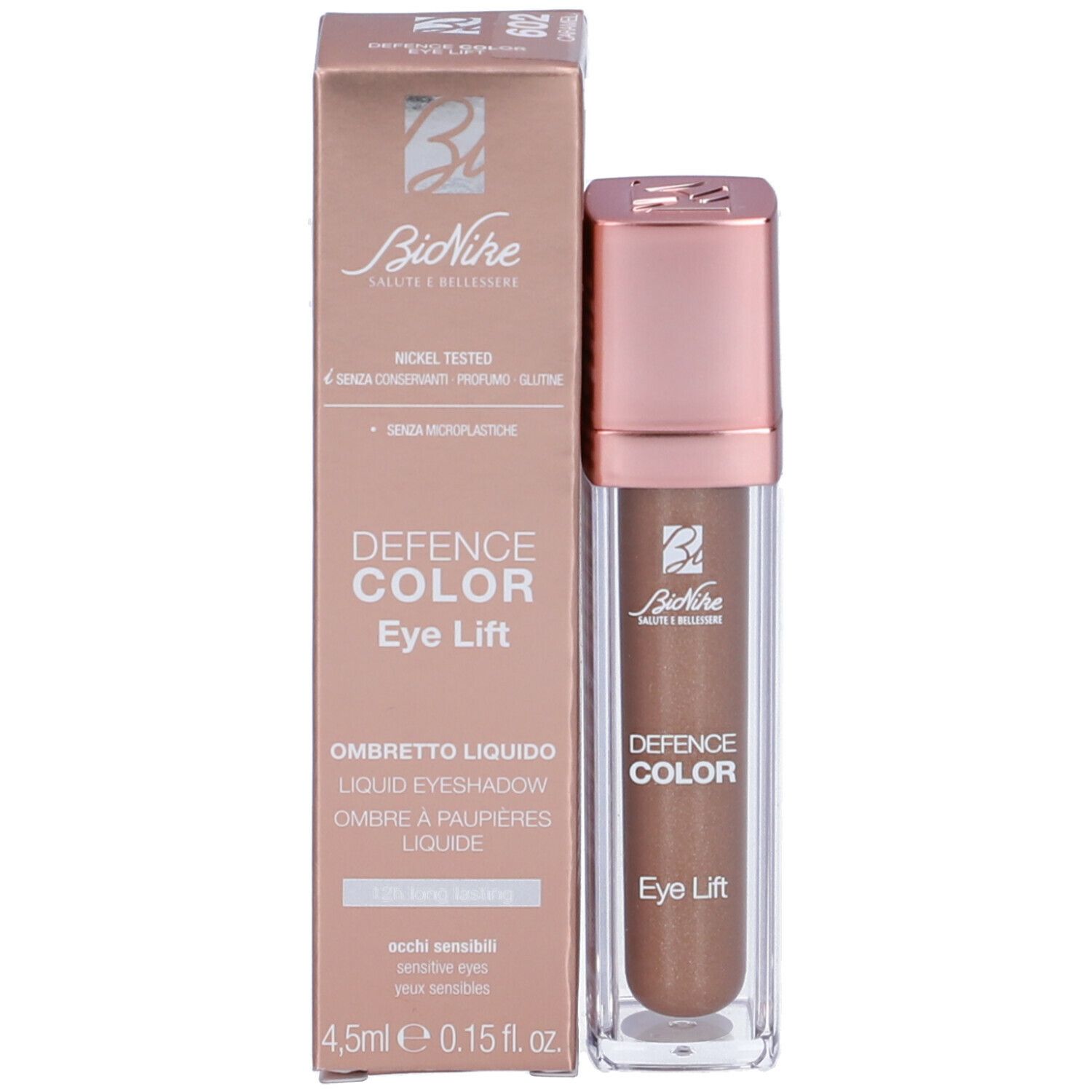 Ombretto liquido e confezione. Scritta: Defence Color Eye Lift. Contiene 4,5 ml.