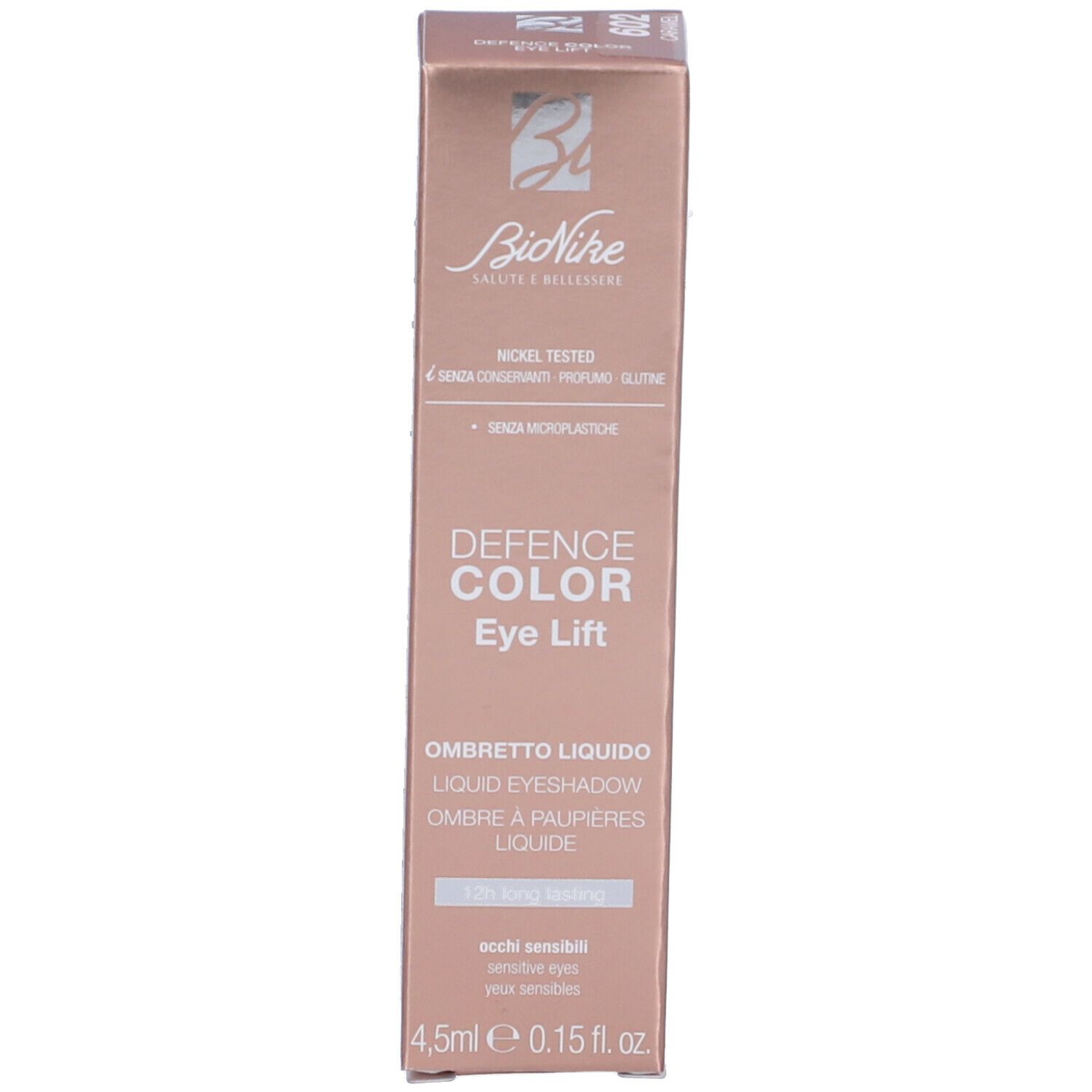 Confezione dell'ombretto liquido. Scritta: Defence Color Eye Lift. Contiene 4,5 ml.
