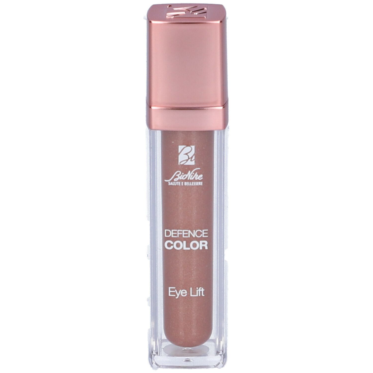 Ombretto liquido in flacone rettangolare trasparente con tappo oro rosa. Scritta: Defence Color Eye Lift.