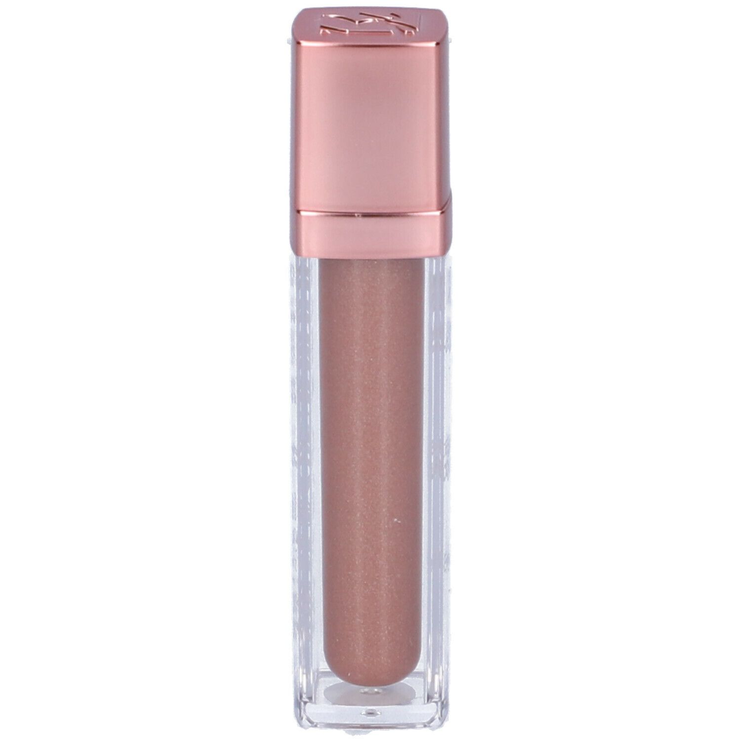 Ombretto liquido in flacone rettangolare trasparente con tappo oro rosa. Vista del prodotto.
