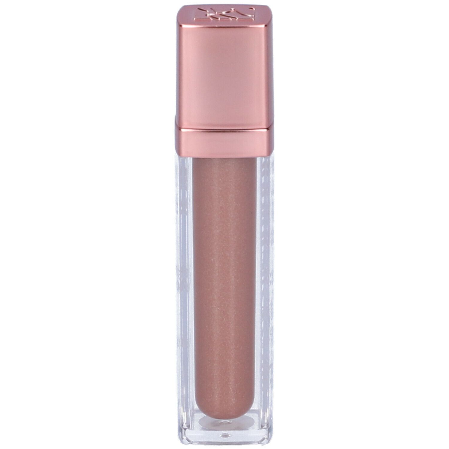 Ombretto liquido in flacone rettangolare trasparente con tappo oro rosa. Vista del prodotto.