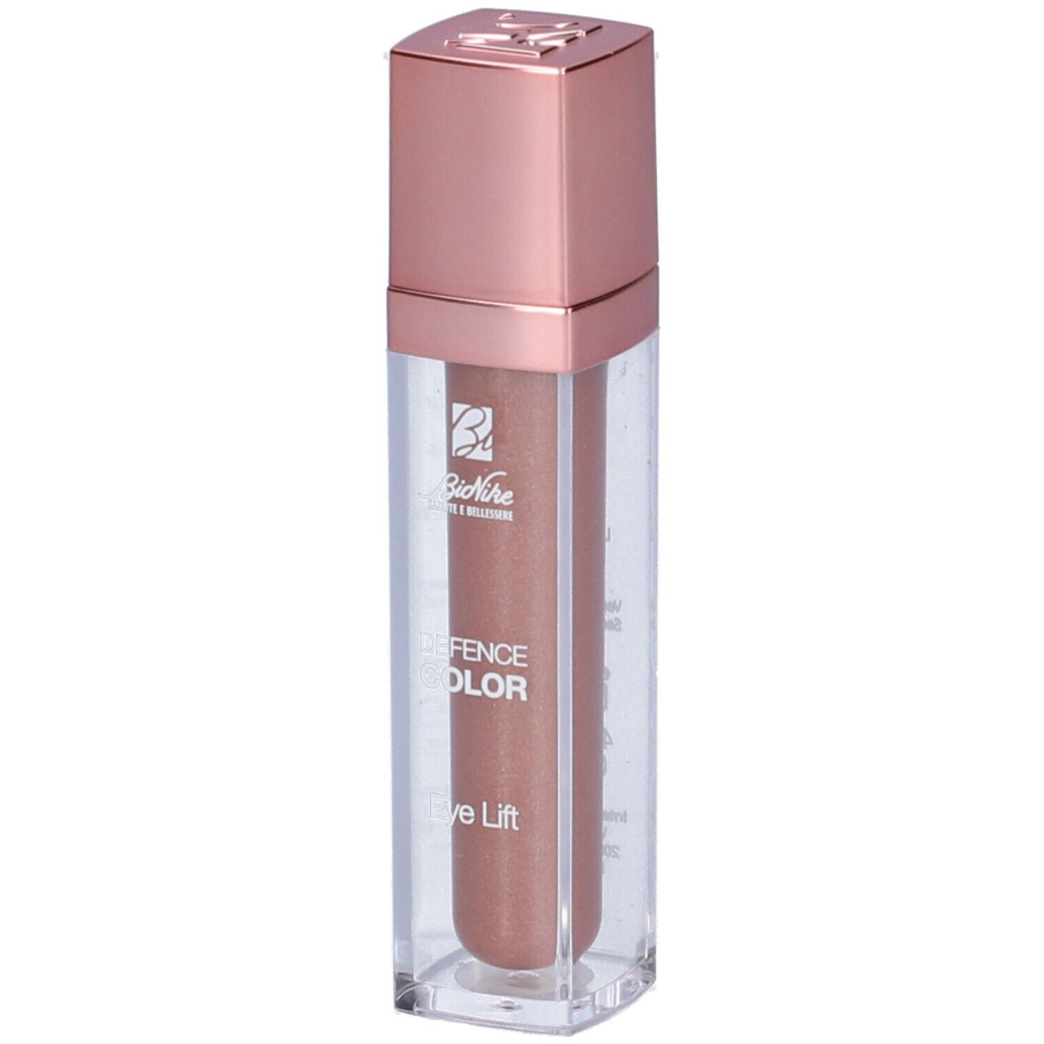 Ombretto liquido in flacone rettangolare trasparente con tappo oro rosa. Scritta: Defence Color Eye Lift.
