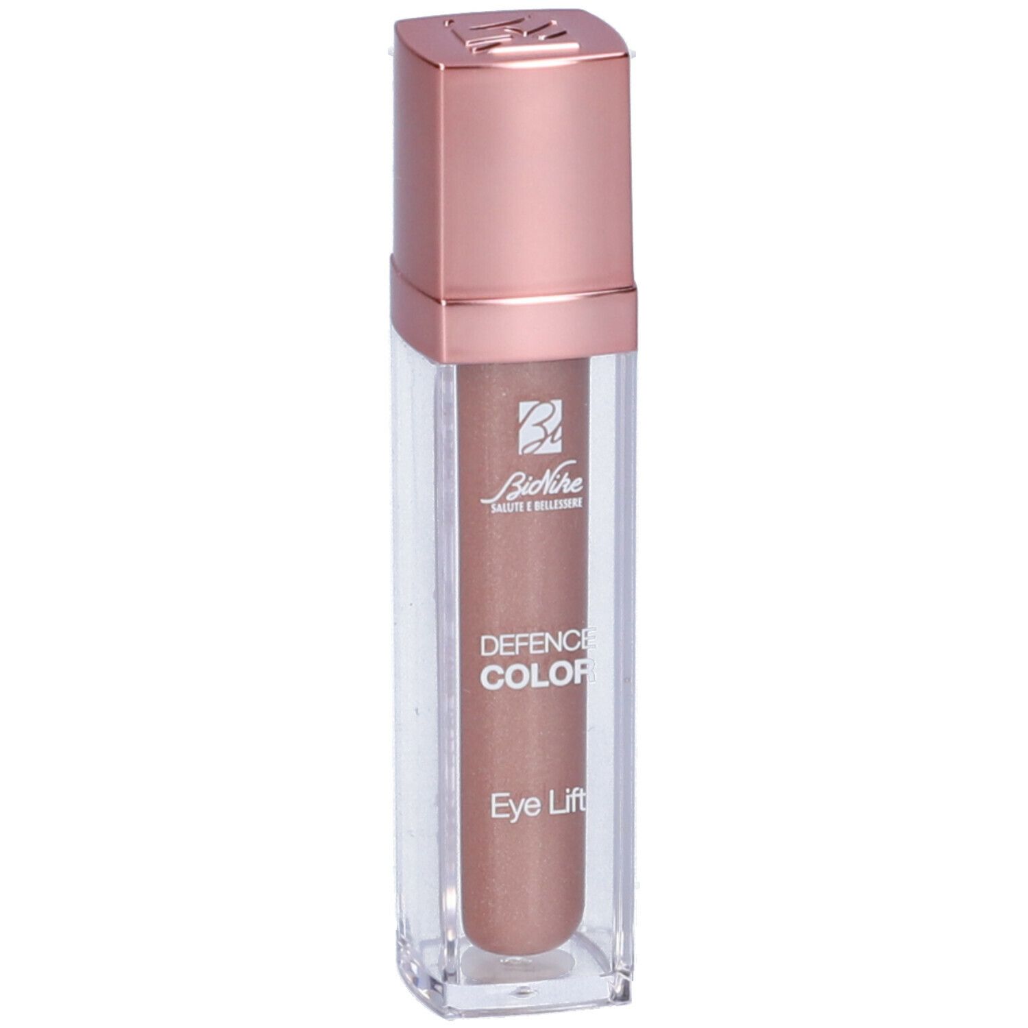 Ombretto liquido in flacone rettangolare trasparente con tappo oro rosa. Scritta: Defence Color Eye Lift.