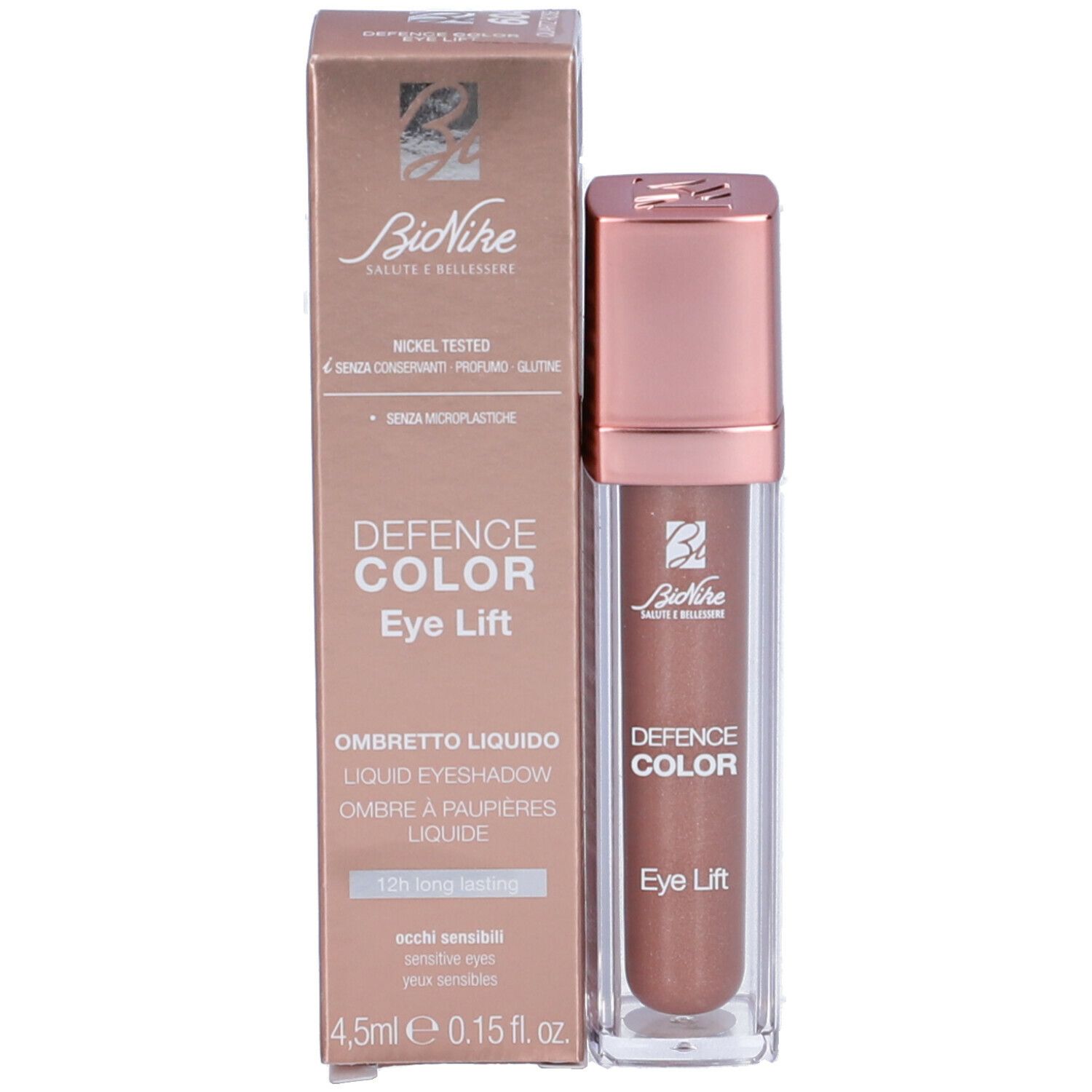 Ombretto liquido con confezione. Scritta: Defence Color Eye Lift. Confezione con informazioni sul prodotto e logo.